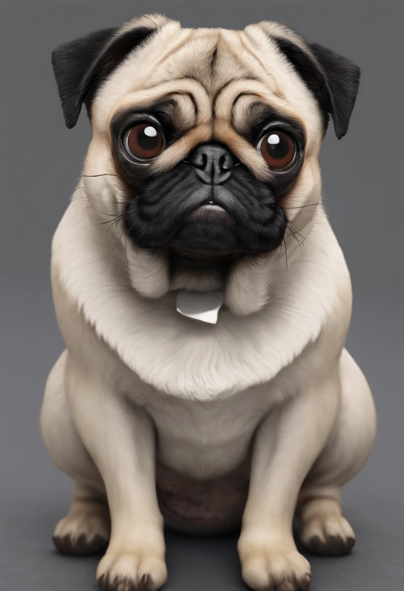 A cute pug wide full body portrait, sitting on floor, even studio light, blue backdrop, photorealistic