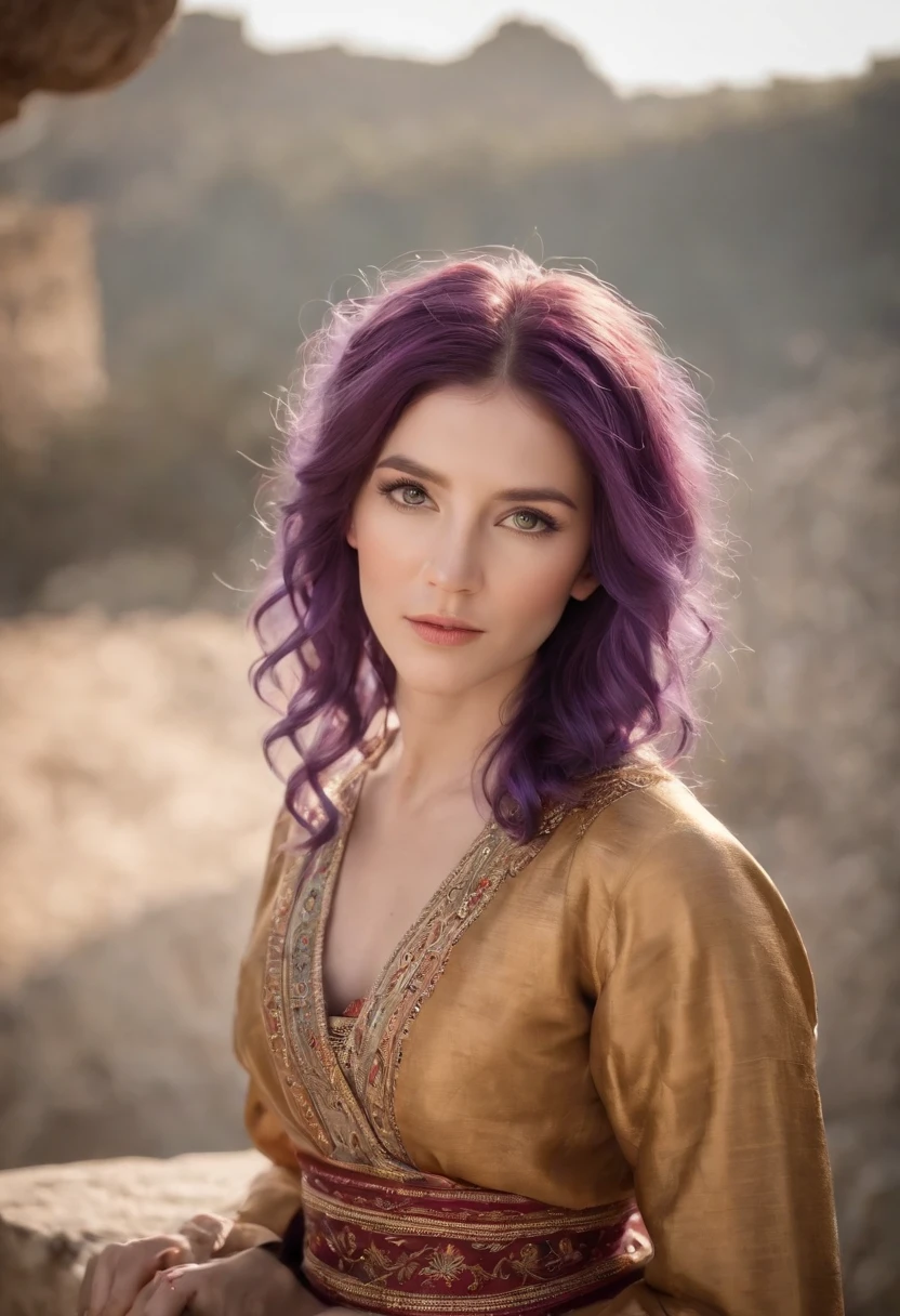 (multicolored hair+purple hair:1.3),ancient wind,traditionalcostumes,eventide,detail-rich,The lighting and shadow effects are outstanding,Soft light,Fantastic background,Static posture,Soft atmosphere,Warm colors,Taksim Sing