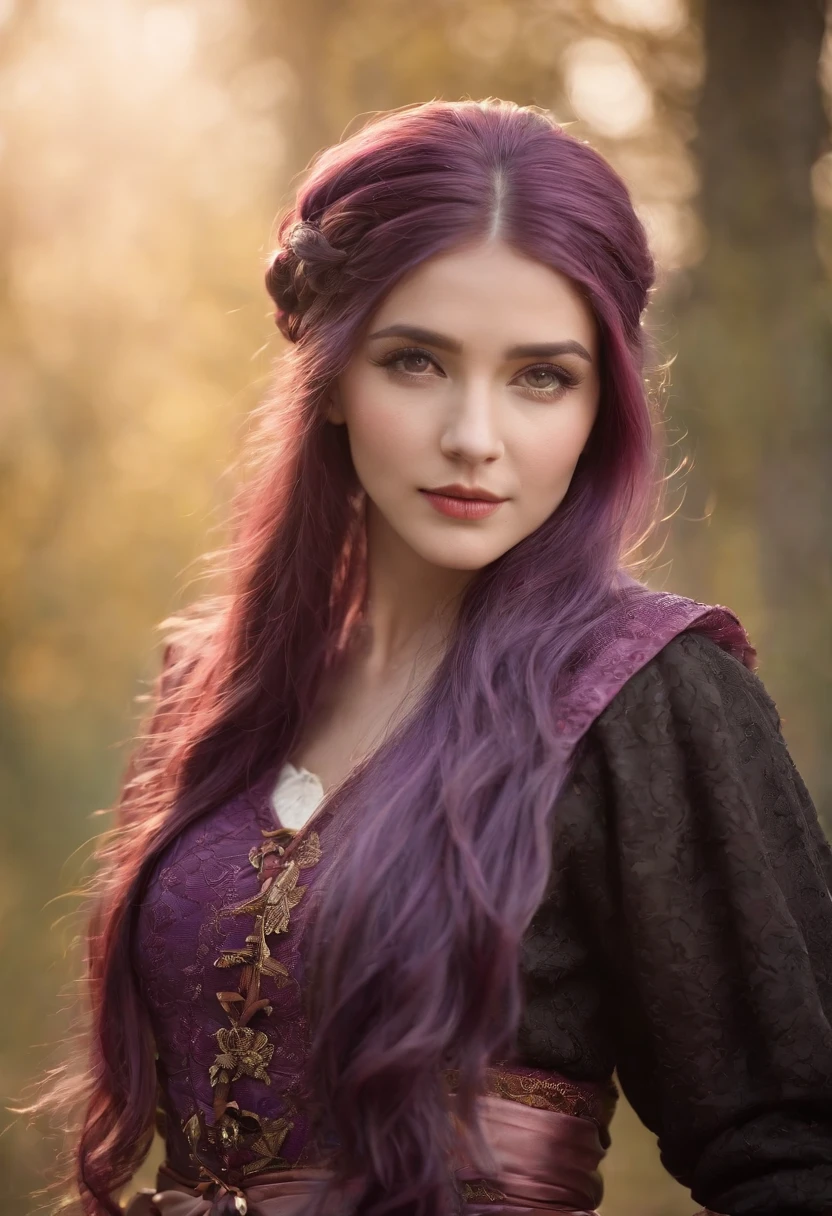 (multicolored hair+purple hair:1.3),ancient wind,traditionalcostumes,eventide,detail-rich,The lighting and shadow effects are outstanding,Soft light,Fantastic background,Static posture,Soft atmosphere,Warm colors,Taksim Sing