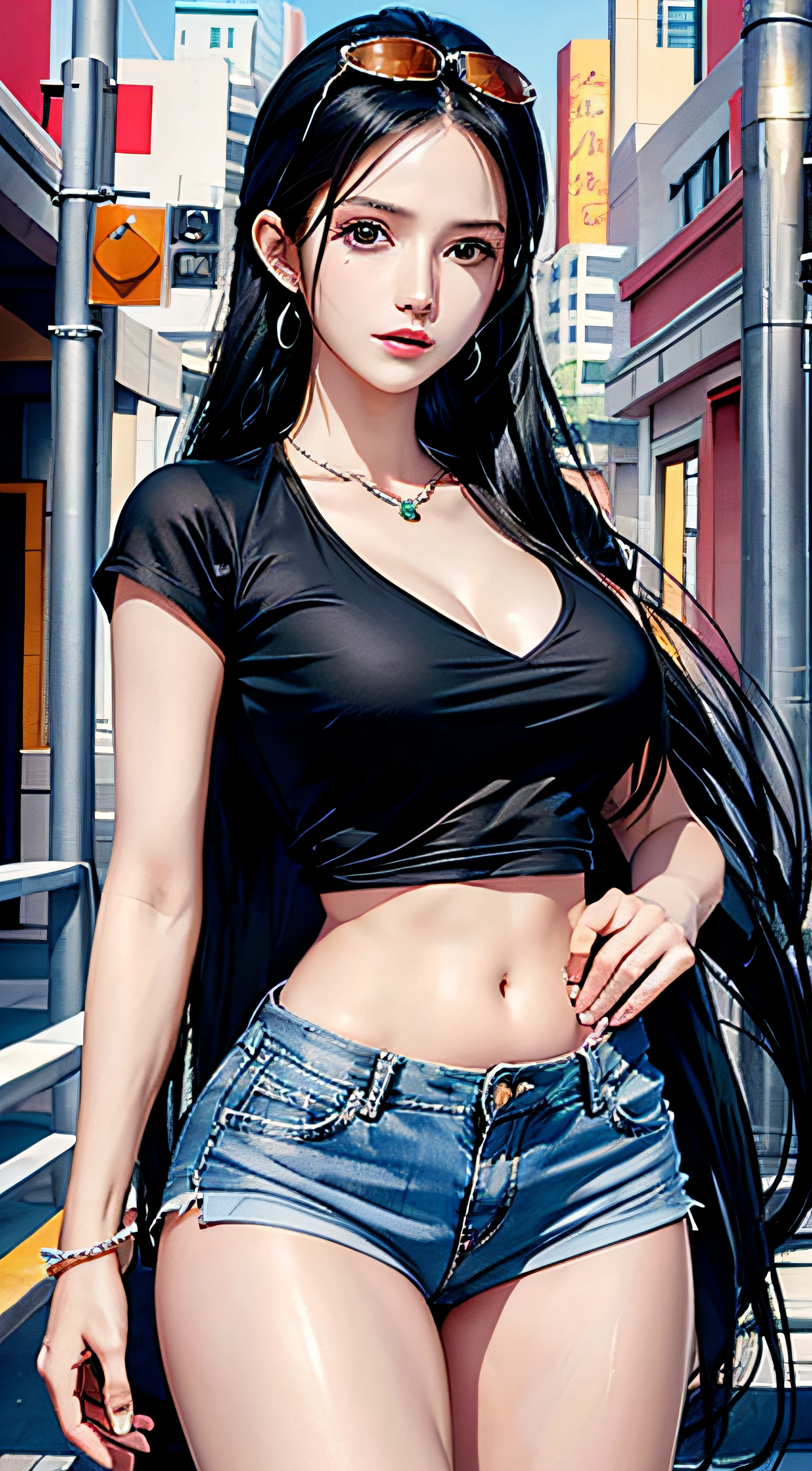 photorealistic,  high resolution,  soft light, 1women,  solo,  hips up,  dynamic pose,  shining skin,  jewelry,  tattoo, thigh,black hair,long hair,ear pendants,pearls and jewels, EdobNicoRobin, street wear, glasses on head, t-shirt, shorts