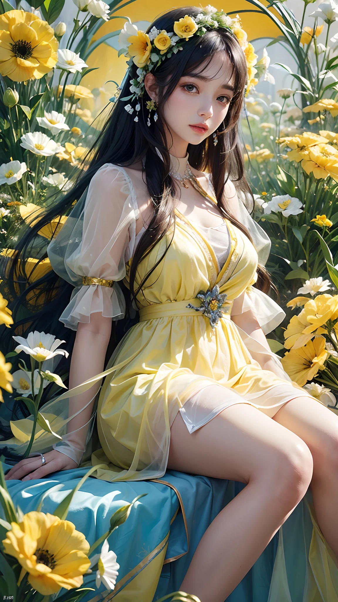 1girl, long hair, flower, Lisianthus, in the style of yellow and light azure, dreamy and romantic compositions, yellow, ethereal foliage, playful arrangements, fantasy, high contrast, ink strokes, explosions, over exposure, yellow and white tone impression, abstract, attractive pose, sitting,