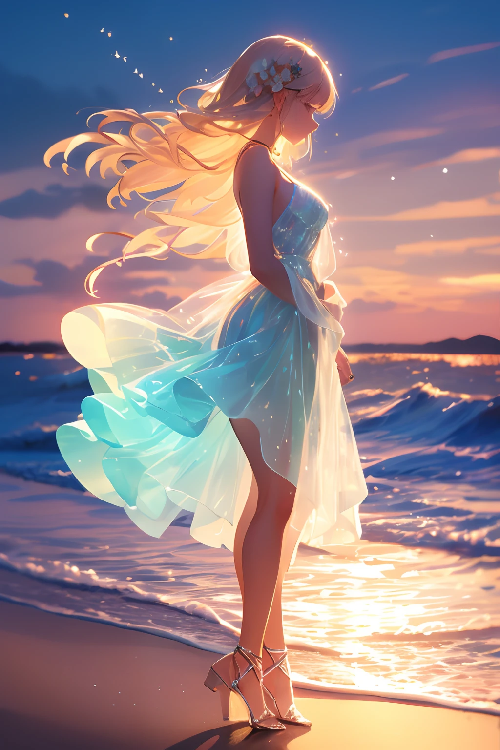 tmasterpiece， high high quality， cinematic Film still from， one-girl，Golden hair，nigth，Night sky， floating in sky， Cloud Girl， Clouds， （closeup cleavage： 1.1），  Colorful， Transparent body，Sparkling，full bodyesbian，Green skirt，Blue skirt，Transparent clothes