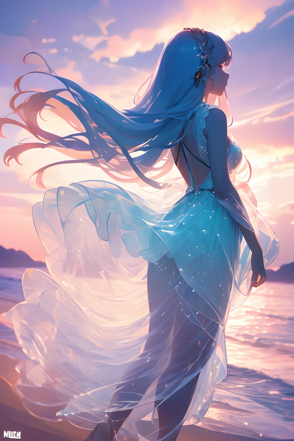 tmasterpiece， high high quality， cinematic Film still from， one-girl，Golden hair，nigth，Night sky， floating in sky， Cloud Girl， Clouds， （closeup cleavage： 1.1），  Colorful， Transparent body，Sparkling，full bodyesbian，Green skirt，Blue skirt，Transparent clothes