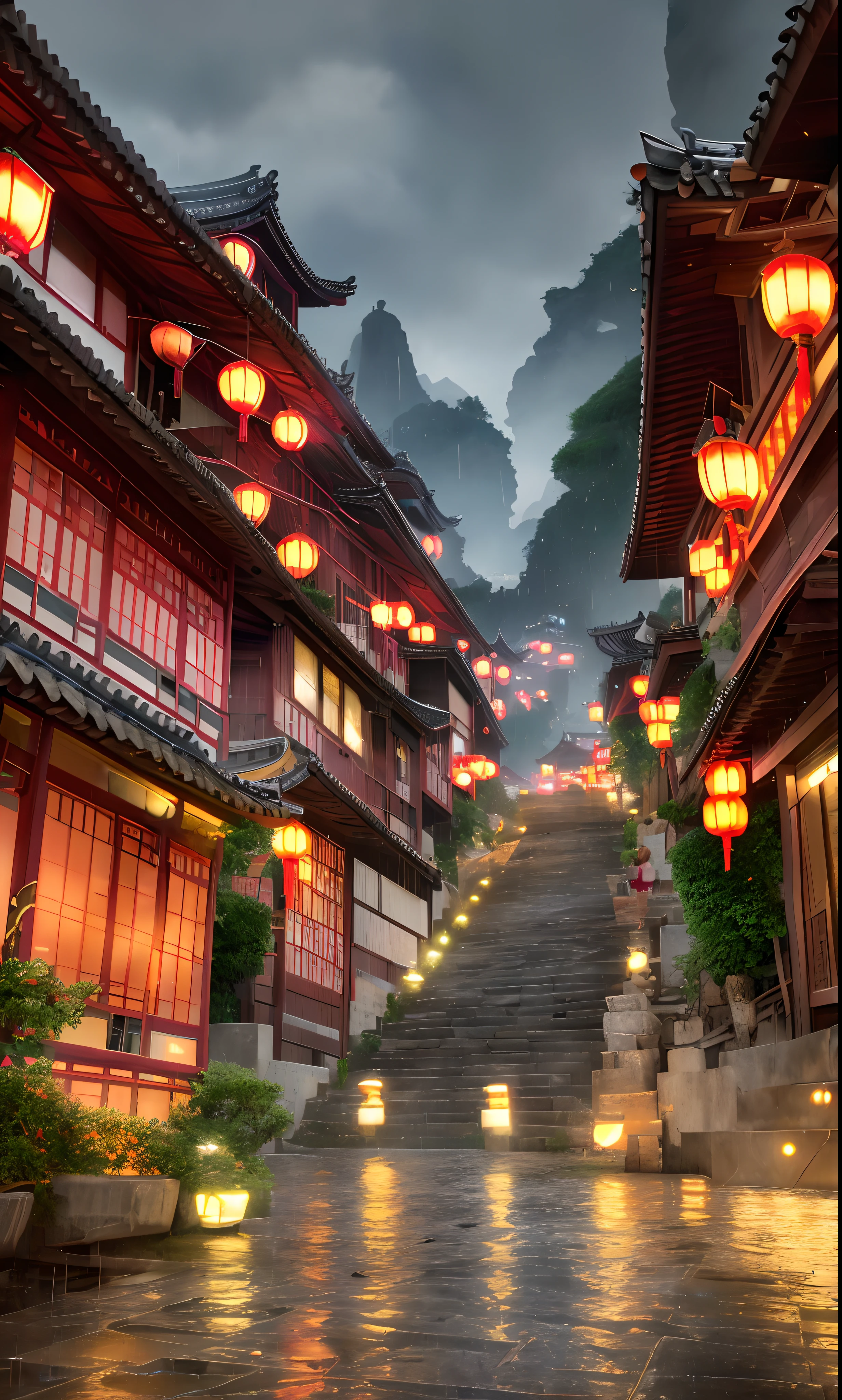 arafed view of a village with a lot of lights on the buildings, dreamy chinese town, chinese village, amazing wallpaper, japanese town, japanese village, hyper realistic photo of a town, old asian village, japanese city, by Raymond Han, rainy evening, cyberpunk chinese ancient castle, beautifully lit buildings, at evening during rain, beautiful and aesthetic, photography, cinematic, 8k, high detailed ((Heavy rain)))