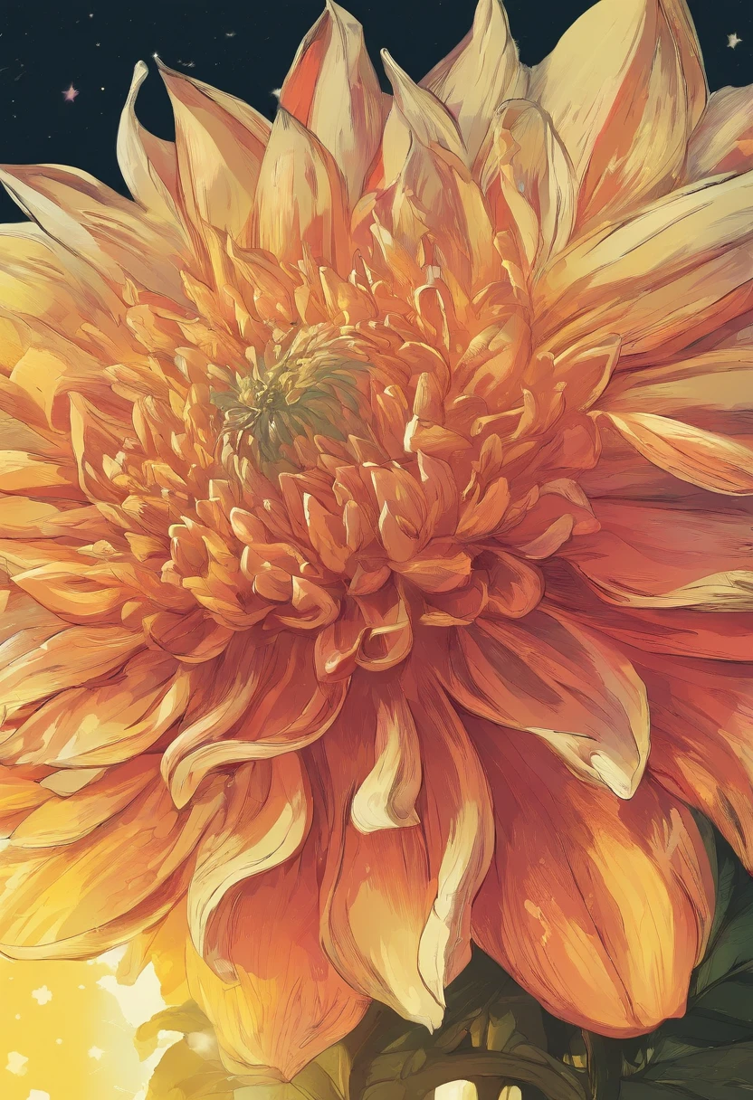 There are yellow flowers with stars in the background, a glowing delicate flower, Giant Dahlia Flower Head, Luminous flowers, Close-up of giant dahlia flower head, photorealistic detailed picture, Beautiful flowers, Drawing flowers, Yellow glowing magic, Rendered illustration, photorealistic highly detailed, Photorealistic Illustration, Highly detailed photorealistic, more detailed illustration, Beautiful glowing backlight, Light Bloom Sunlight, Hyperrealism, cinematic lighting, chiaroscuro, UHD, UHD, masterpiece, anatomically correct, super detail, high quality, award winning, best quality, highres, highres, 1080P, HD, 4K, 8k, 16k
