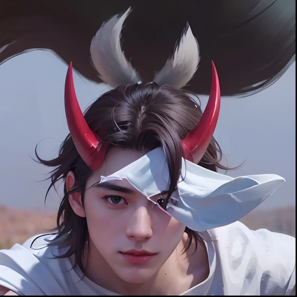 8K, Best Quality, Masterpiece, Ultra High Resolution, (Ultra Detailed Image), (Realistic: 1.4), Original Image, (Realistic Skin Texture: 1.3), (Film Grain: 1.3) , (Selfie angle), (1 Guy), (Face looking straight ahead), (Long hair), Black hair, (Red horns), Beautiful Eyes and Face Details, Masterpiece, Quality Best, Close Up, Toned body, Perfect muscles, Exposed pecs, 6-pack body, Natural skin, No hair, No shirt, Transparent white shorts, (Standing boy), ( Noon), Summer, Green lawn, Trees, Flowers, Blue sky, White clouds, Sun, Light
