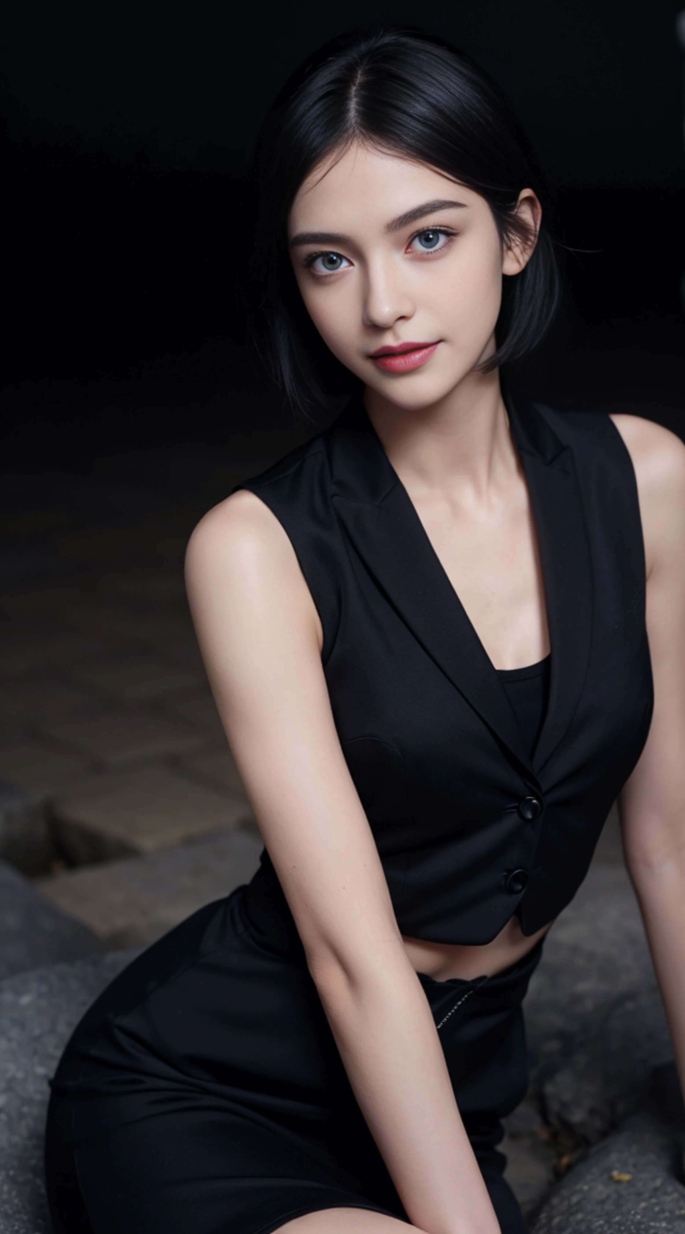 8K, Top Quality, Intricate Details, Ultra Detail, Ultra High Resolution, Masterpiece, random angle, Slender, Smile, (Makeup: 0.4), (Fluffy Blue Eyes: 1.21), blue Eyes,, ((full body)), 1girl, solo, 1 girl, (( full body)), close-up shot, sitting, on side , , ((tall)), (((fit body))), (((slim face))), sharp face, sharp eyes, (((black hair, short hair, )) (detailed face), sharp face, small lips, thin lips,
(( Waistcoat )), detailed face, detailed breast, , large breast, detail, , Beautiful girl with accentuated slender abs: 1.4, Six Pack Abs: 1.4, Bust Botox, Big, Perfect Body, detail leg, (( moonlight)), top of mountain