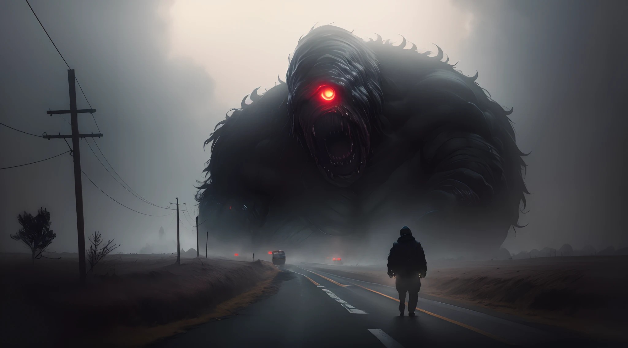 a colossal monster looming in the background, shining eyes, misty highway, mysterious, horror, uhd, 8k, perfect illustration