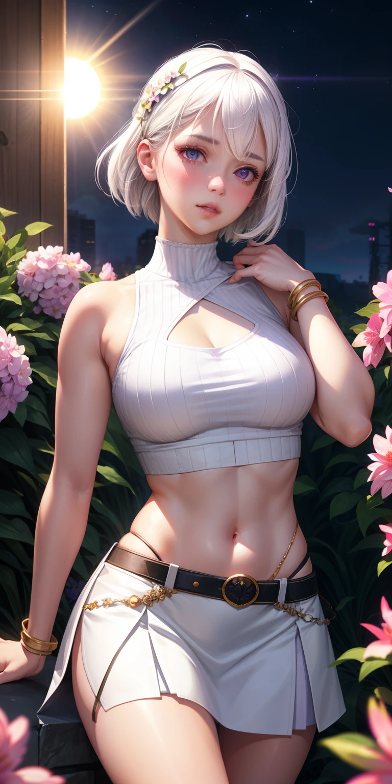 realistic, 1girl, white hair, purple eyes, glowing eyes, crop top, skirt, parted lips, blush, night, flowers, sun, sunlight,