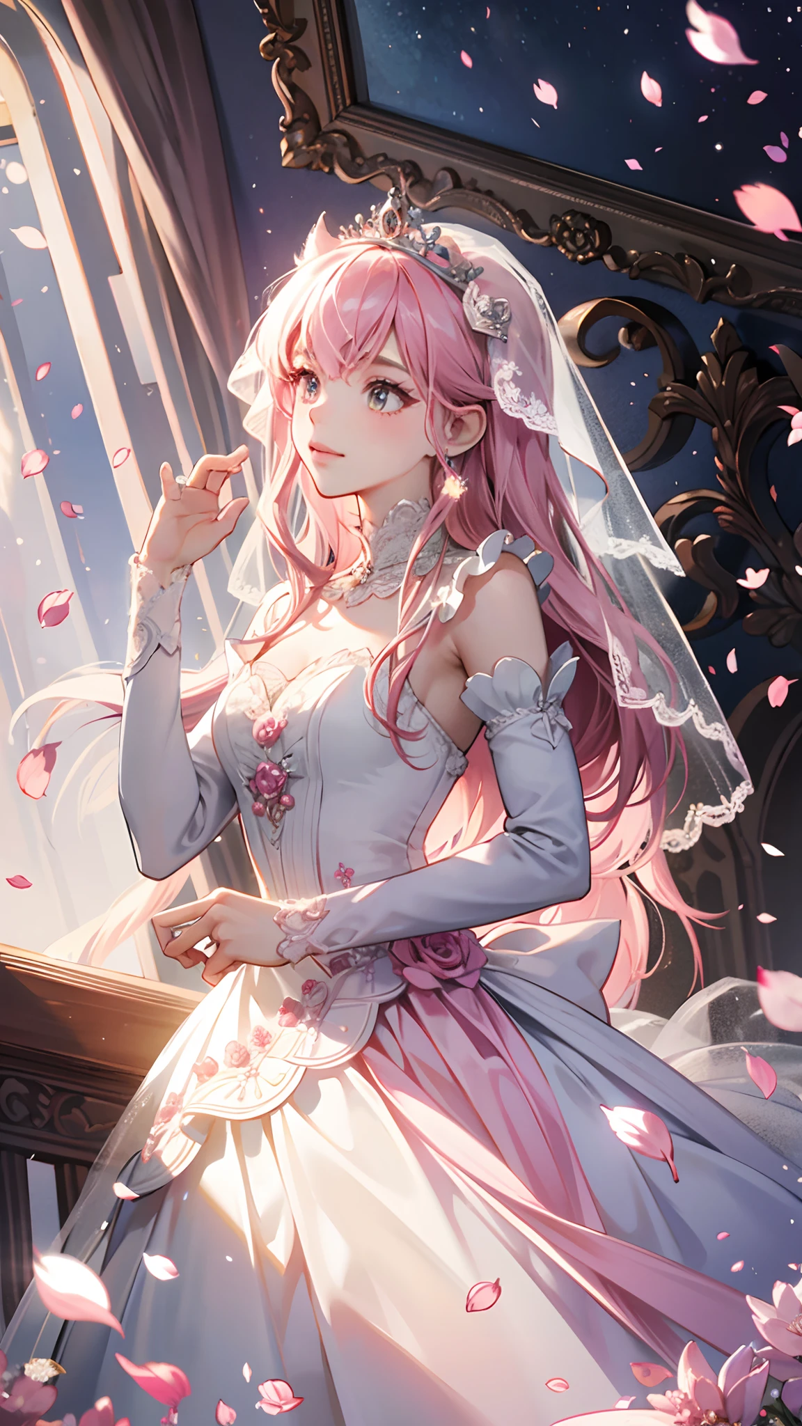 ((best quality)), ((masterpiece)) WEDDING PRINCESS DRESS, light ray, lens flare, pink petals, exotic cat, veil, crowds, family
