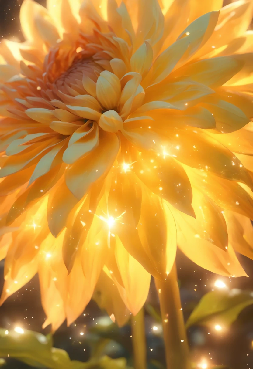 There are yellow flowers with stars in the background, a glowing delicate flower, Giant Dahlia Flower Head, Luminous flowers, Close-up of giant dahlia flower head, photorealistic detailed picture, Beautiful flowers, Drawing flowers, Yellow glowing magic, Rendered illustration, photorealistic highly detailed, Photorealistic Illustration, Highly detailed photorealistic, more detailed illustration, Beautiful glowing backlight, Light Bloom Sunlight, Hyperrealism, cinematic lighting, chiaroscuro, UHD, UHD, masterpiece, anatomically correct, super detail, high quality, award winning, best quality, highres, highres, 1080P, HD, 4K, 8k, 16k