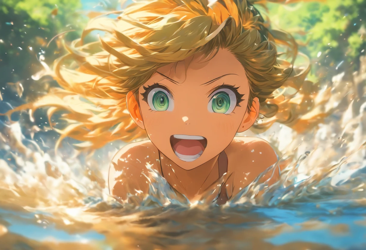 ((Best Quality)), ((masutepiece)), (Highly detailed: 1.3)、Girl playing in the river、kawaii faces、FULL BODYSHOT、Breast size:1.2