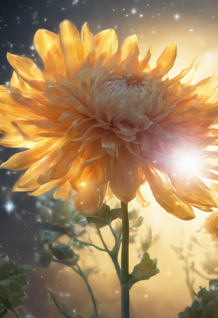 There are yellow flowers with stars in the background, a glowing delicate flower, Giant Dahlia Flower Head, Luminous flowers, Close-up of giant dahlia flower head, photorealistic detailed picture, Beautiful flowers, Drawing flowers, Yellow glowing magic, Rendered illustration, photorealistic highly detailed, Photorealistic Illustration, Highly detailed photorealistic, more detailed illustration, Beautiful glowing backlight, Light Bloom Sunlight, Hyperrealism, cinematic lighting, chiaroscuro, UHD, UHD, masterpiece, anatomically correct, super detail, high quality, award winning, best quality, highres, highres, 1080P, HD, 4K, 8k, 16k