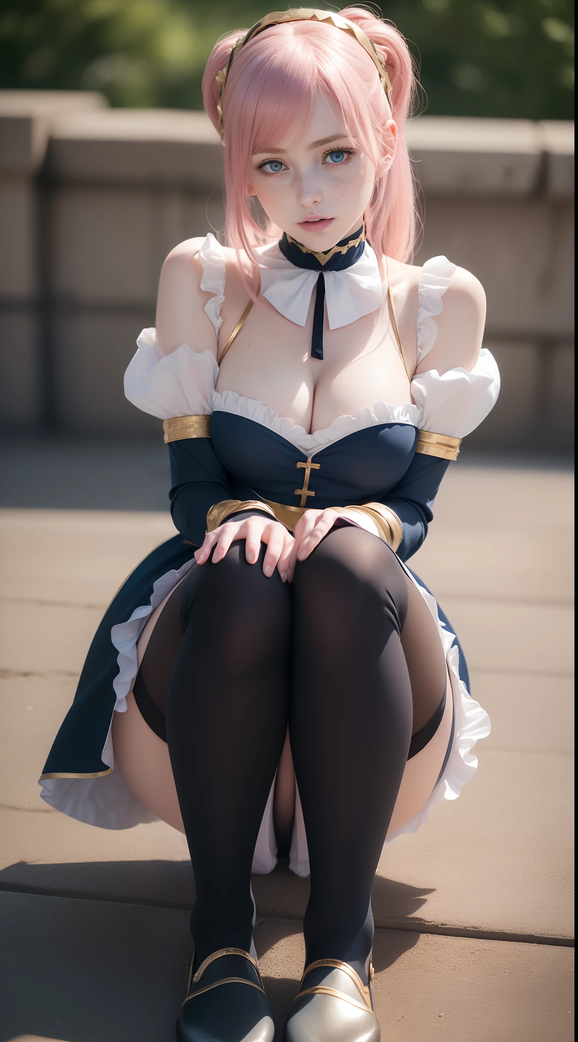dynamic pose,(on ground,knees folded:1.3),1girl,pale skin,delicate face,blue eyes,pink hair,freckles,(black maid outfit with gold trimmings:1.3,thigh highs),small waist,(wide thigh gap:1.3,wide thighs:1.3),(best quality:1.2,ultra-detailed,realistic:1.37),portrait,soft colors,polished lighting