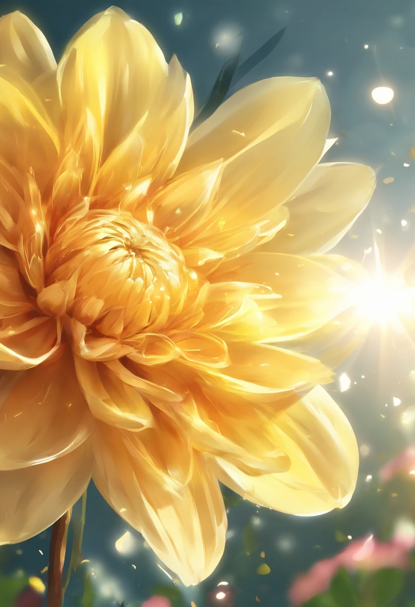 There are yellow flowers with stars in the background, a glowing delicate flower, Giant Dahlia Flower Head, Luminous flowers, Close-up of giant dahlia flower head, photorealistic detailed picture, Beautiful flowers, Drawing flowers, Yellow glowing magic, Rendered illustration, photorealistic highly detailed, Photorealistic Illustration, Highly detailed photorealistic, more detailed illustration, Beautiful glowing backlight, Light Bloom Sunlight, Hyperrealism, cinematic lighting, chiaroscuro, UHD, UHD, masterpiece, anatomically correct, super detail, high quality, award winning, best quality, highres, highres, 1080P, HD, 4K, 8k, 16k