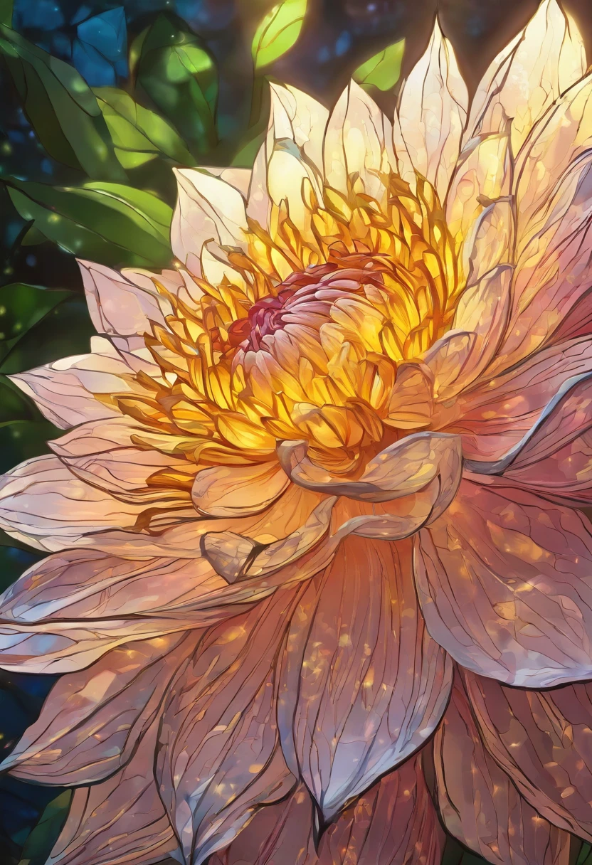 There are yellow flowers with stars in the background, a glowing delicate flower, Giant Dahlia Flower Head, Luminous flowers, Close-up of giant dahlia flower head, photorealistic detailed picture, Beautiful flowers, Drawing flowers, Yellow glowing magic, Rendered illustration, photorealistic highly detailed, Photorealistic Illustration, Highly detailed photorealistic, more detailed illustration, Beautiful glowing backlight, Light Bloom Sunlight, Hyperrealism, cinematic lighting, chiaroscuro, UHD, UHD, masterpiece, anatomically correct, super detail, high quality, award winning, best quality, highres, highres, 1080P, HD, 4K, 8k, 16k