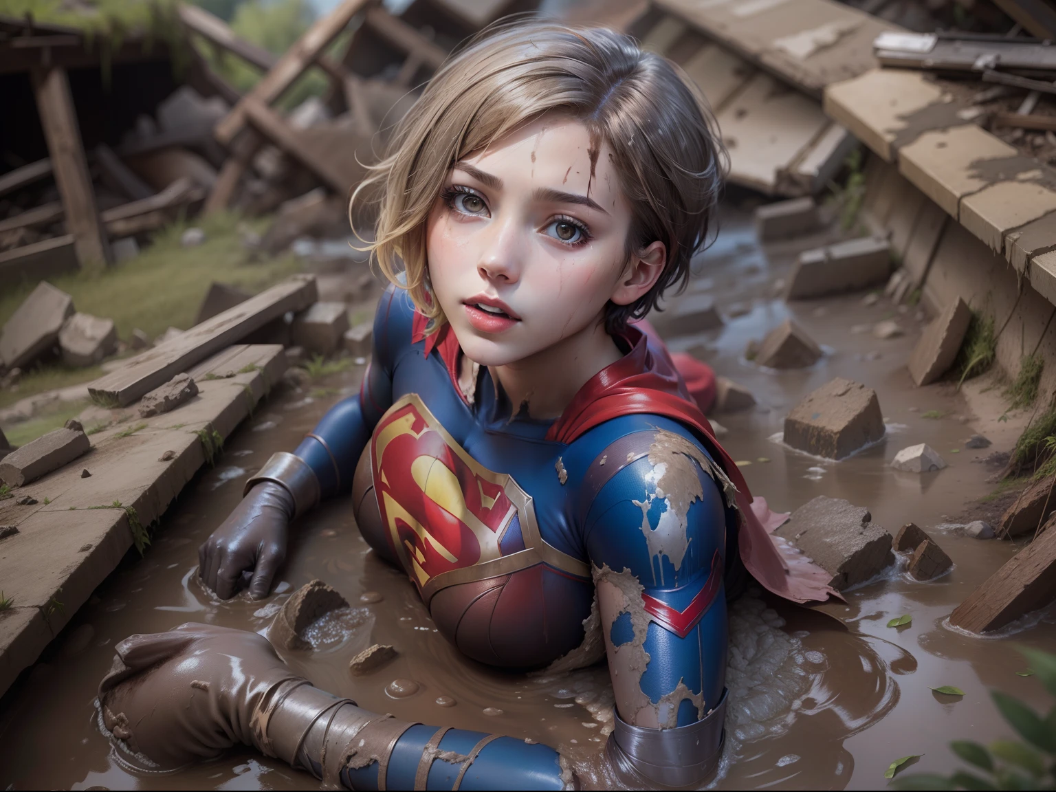 masterpiece、Short-haired Supergirl lying in the rubble、large full breasts、Looking at the camera、Glossy costume、Crotch、wounded、Mud stains、Covered in mud、Exhausted、cum on