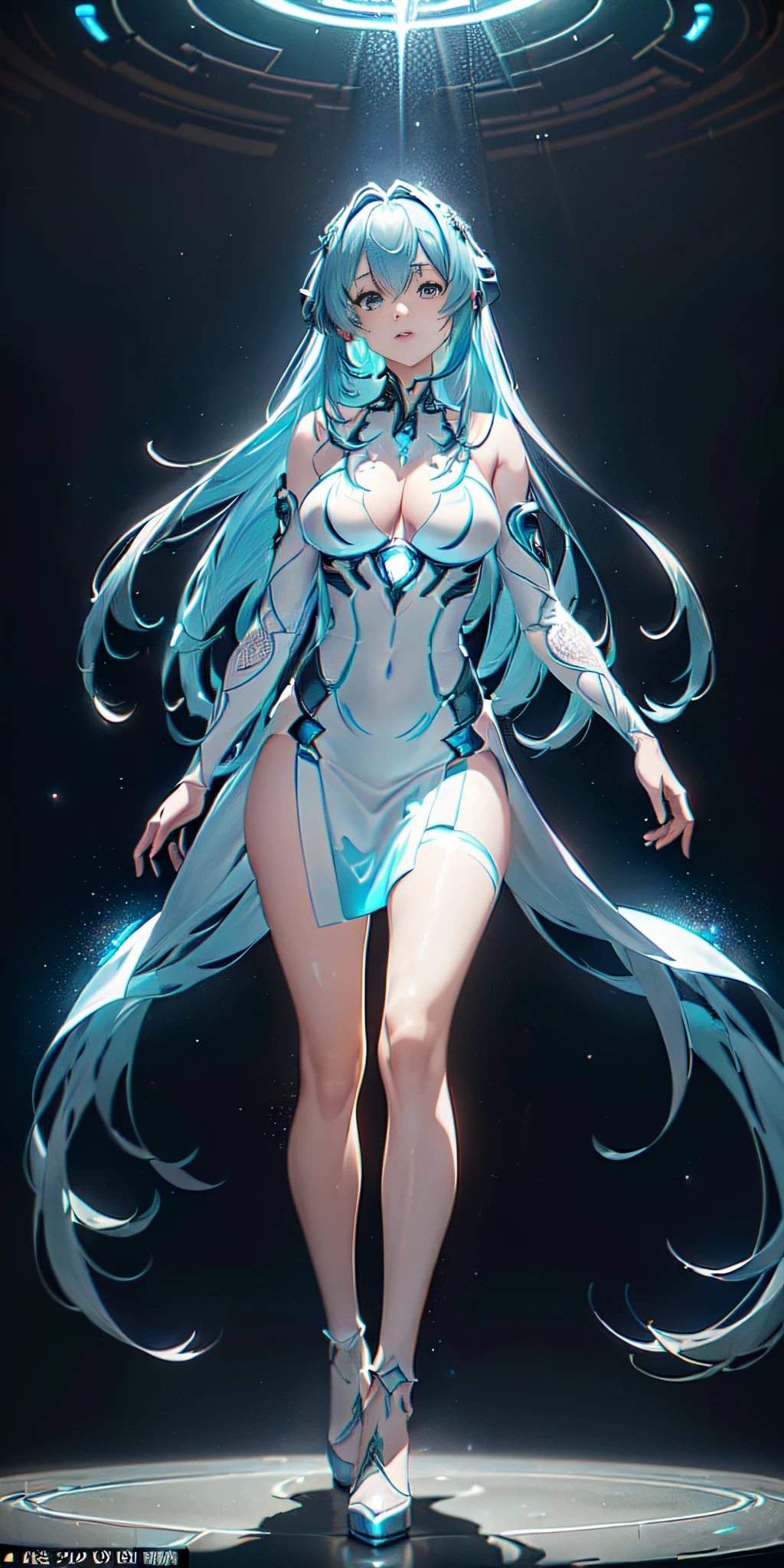 ((A highly detailed and vividly colored digital image of a young ethereally beautiful symmetrical face with long icy blue hair and eyes that reflect the galaxy., wearing an elegant futuristic dress that shines with holographic light reflections, Standing in front of a Elegant, glowing portal that emits fog and glowing particles, it is inside a high-tech laboratory filled with glowing screens and equipment, Rendered in a stunning sci-fi anime art style with cinematic lighting, intricate lines, and an effects structure beautiful atmospheric glow  ))