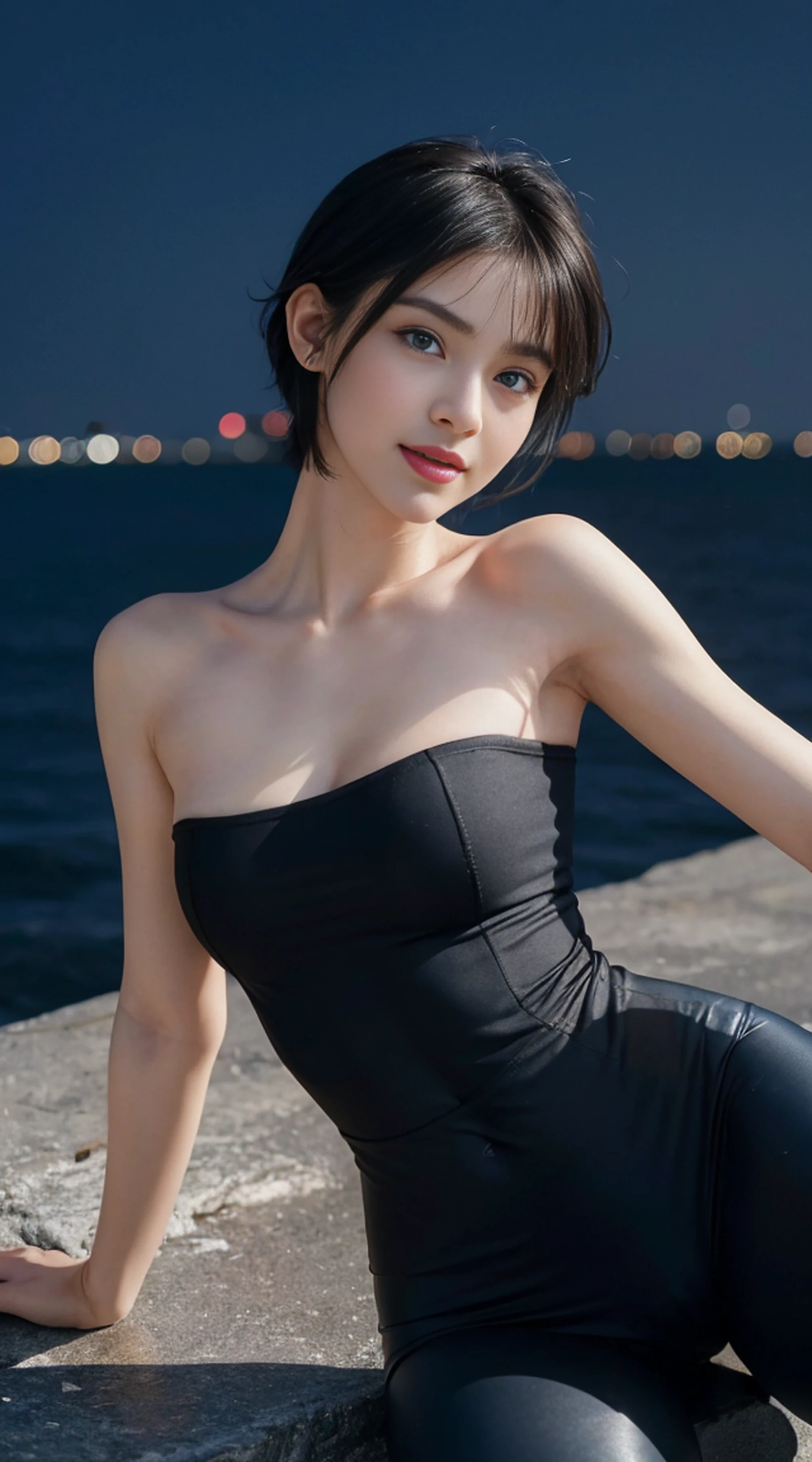 8K, Top Quality, Intricate Details, Ultra Detail, Ultra High Resolution, Masterpiece, random angle,  Slender, Smile, (Makeup: 0.4), (Fluffy Blue Eyes: 1.21), blue Eyes,, ((full body)), 1girl, solo, 1 girl, (( full body)),  close-up shot, kneeling , , ((tall)), (((fit body))), (((slim face))), sharp face, sharp eyes, (((black hair, short hair, ))  (detailed face), sharp face, small lips, thin lips, 
 (( Leggings )),  detailed face, detailed breast, , large breast, detail, , Beautiful girl with accentuated slender abs: 1.4, Six Pack Abs: 1.4, Bust Botox, Big, Perfect Body, detail leg, (( moonlight)), top of mountain