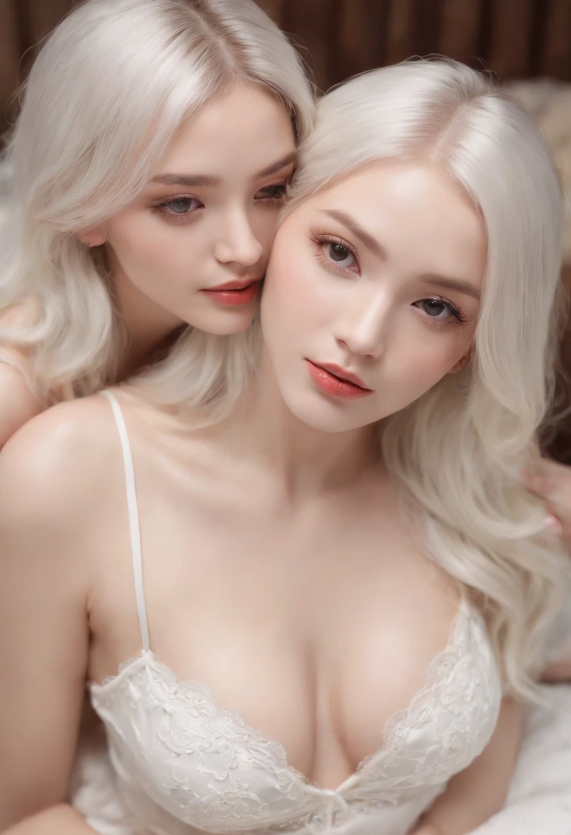 (Best quality, Ultra-detailed, photo-realistic:1.37), 2girls, twins, Ethereal, Stunning detail faces, Flowing white hair, Long eyelashes, captivatinggaze, Perfect lips, Glowing skin, Staggering numbers, Korean underwear, Black thigh stockings with garters, strappy heels, intricate tattoos, Wear a collar, In the bedroom at home, Incredible level of detail, Soft lighting, Vibrant colors, full body shot of.