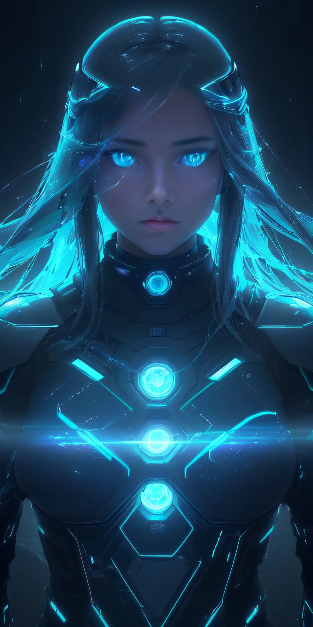 (((solo 1 mujer), A highly detailed, vividly colored digital image of a symmetrical young and ethereally beautiful face with icy blue long hair and eyes that reflect the galaxy., With an elegant futuristic dress that shines with holographic light reflections, De pie frente a un elegante, Glowing portal emitting fog and glowing particles, It's inside a high-tech lab full of screens and shiny equipment., Rendered in a stunning sci-fi anime art style with cinematic lighting, intricate linework, and a beautiful atmospheric glow effects structure ))