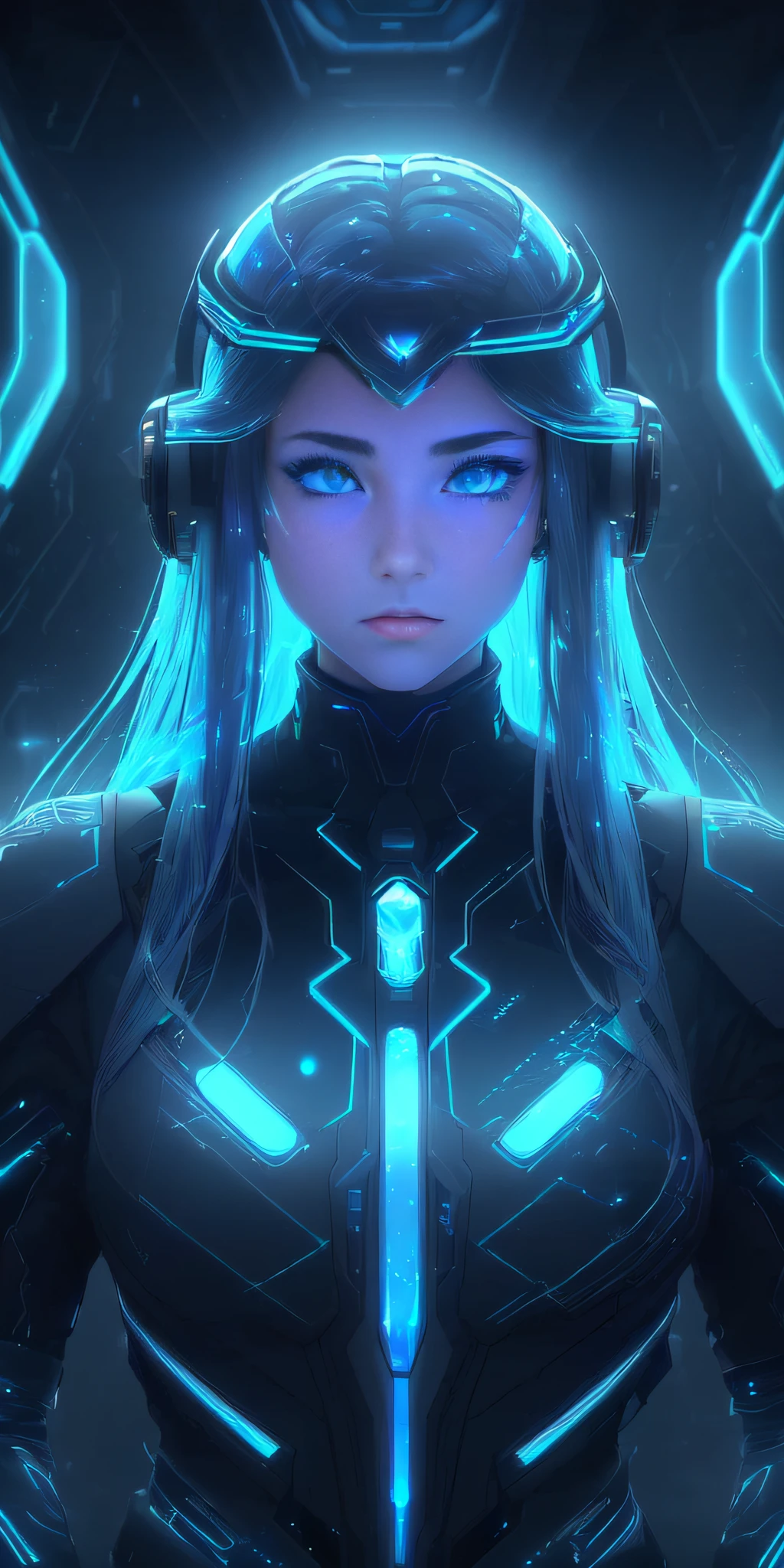 (((solo 1 mujer), A highly detailed, vividly colored digital image of a symmetrical young and ethereally beautiful face with icy blue long hair and eyes that reflect the galaxy., With an elegant futuristic dress that shines with holographic light reflections, De pie frente a un elegante, Glowing portal emitting fog and glowing particles, It's inside a high-tech lab full of screens and shiny equipment., Rendered in a stunning sci-fi anime art style with cinematic lighting, intricate linework, and a beautiful atmospheric glow effects structure ))
