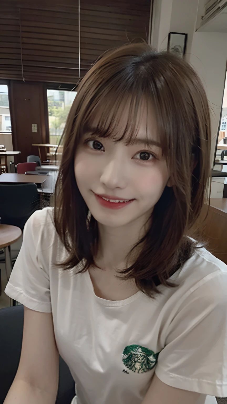 (masterpiece:1.3), (8K, Photorealsitic, Raw photography, Top image quality: 1.4), Japan high school girls、(Random hairstyles:1.2)、(small tits:1.3)、Super Detail Face、Eye of Detail、二重まぶた、foco nítido:1.2、prety woman:1.4、light brown hair、top-quality、masterpiece、超A high resolution、(Photorealsitic:1.4)、very detailed and professional lighting、slender、(Outstanding smile:1.8)、(eye line:1.5)、(Looking at the camera)、(Drink coffee at Starbucks Cafe)、Wearing a gray T-shirt、