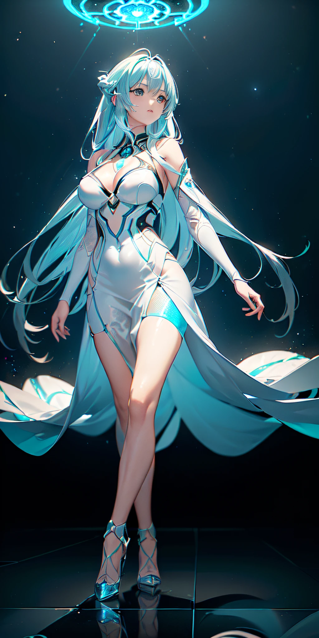 ((A highly detailed and vividly colored digital image of a young ethereally beautiful symmetrical face with long icy blue hair and eyes that reflect the galaxy., wearing an elegant futuristic dress that shines with holographic light reflections, Standing in front of a Elegant, glowing portal that emits fog and glowing particles, it is inside a high-tech laboratory filled with glowing screens and equipment, Rendered in a stunning sci-fi anime art style with cinematic lighting, intricate lines, and an effects structure beautiful atmospheric glow ))