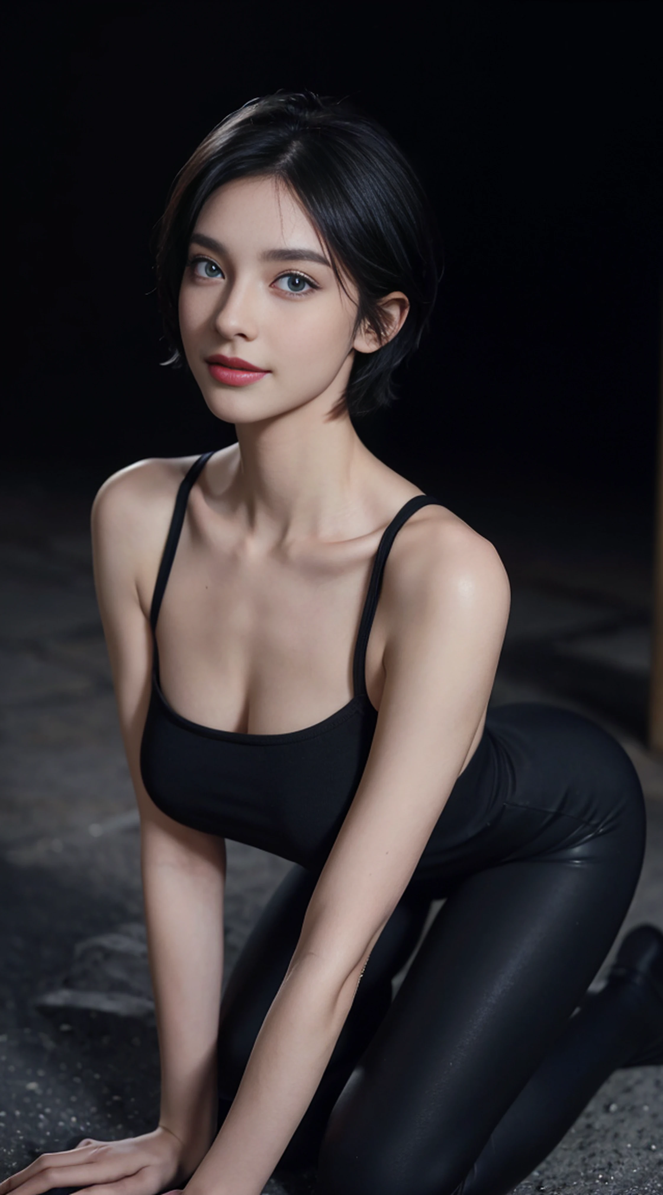 8K, Top Quality, Intricate Details, Ultra Detail, Ultra High Resolution, Masterpiece, random angle, Slender, Smile, (Makeup: 0.4), (Fluffy Blue Eyes: 1.21), blue Eyes,, ((full body)), 1girl, solo, 1 girl, (( full body)), close-up shot, kneeling , , ((tall)), (((fit body))), (((slim face))), sharp face, sharp eyes, (((black hair, short hair, )) (detailed face), sharp face, small lips, thin lips,
(( Leggings )), detailed face, detailed breast, , large breast, detail, , Beautiful girl with accentuated slender abs: 1.4, Six Pack Abs: 1.4, Bust Botox, Big, Perfect Body, detail leg, (( moonlight)), top of mountain