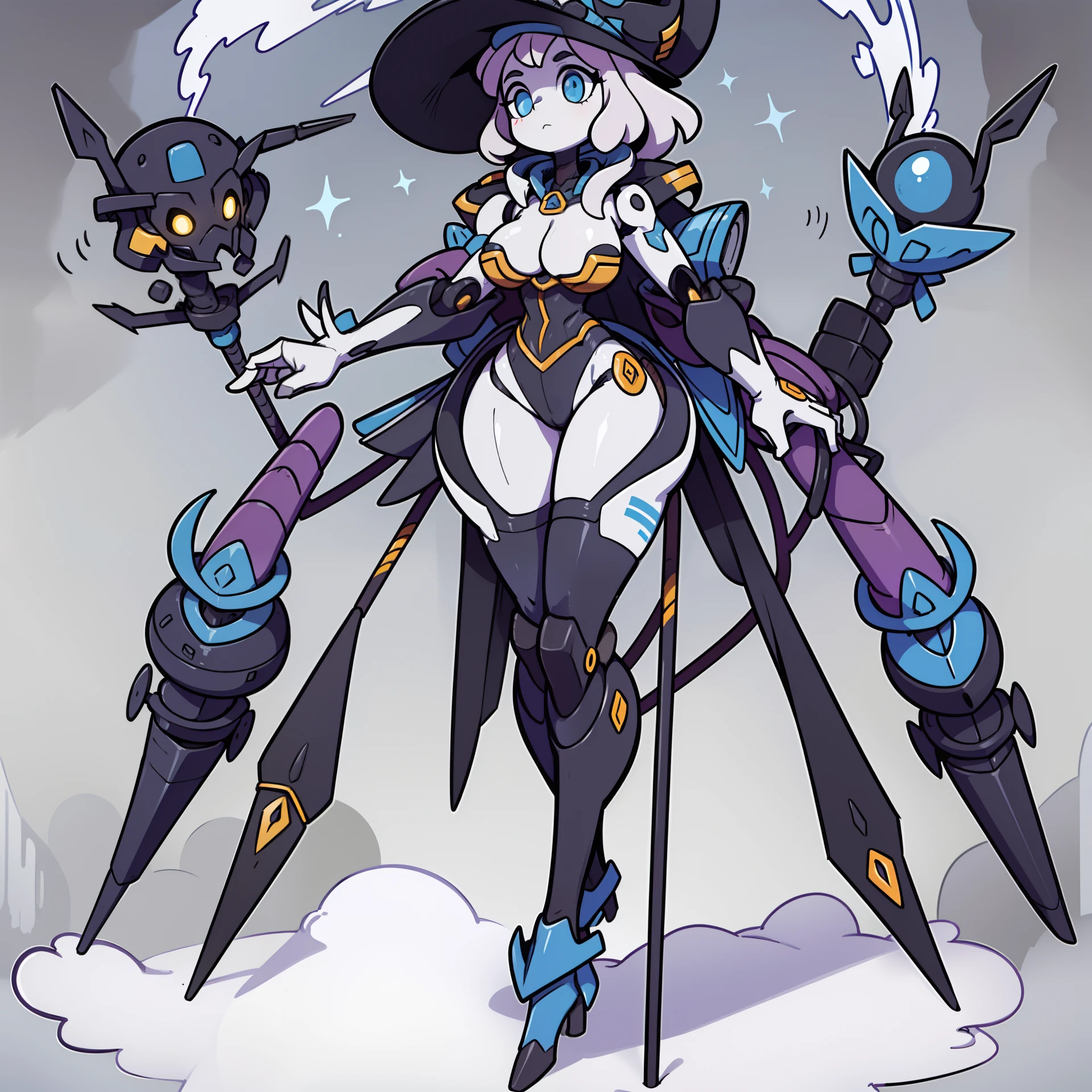 ((masterpiece)), full body, blank background, vectorized design, best quality, great design, full robot, toon, (Witchy Matriarch Mecha) With a tall, pointed hat and a cauldron-like chest, this mecha resembles a wise witch. It holds a staff with mystical symbols and emanates a calming aura. motherly figure, creative, amazing, beautiful, pretty, gorgeous,