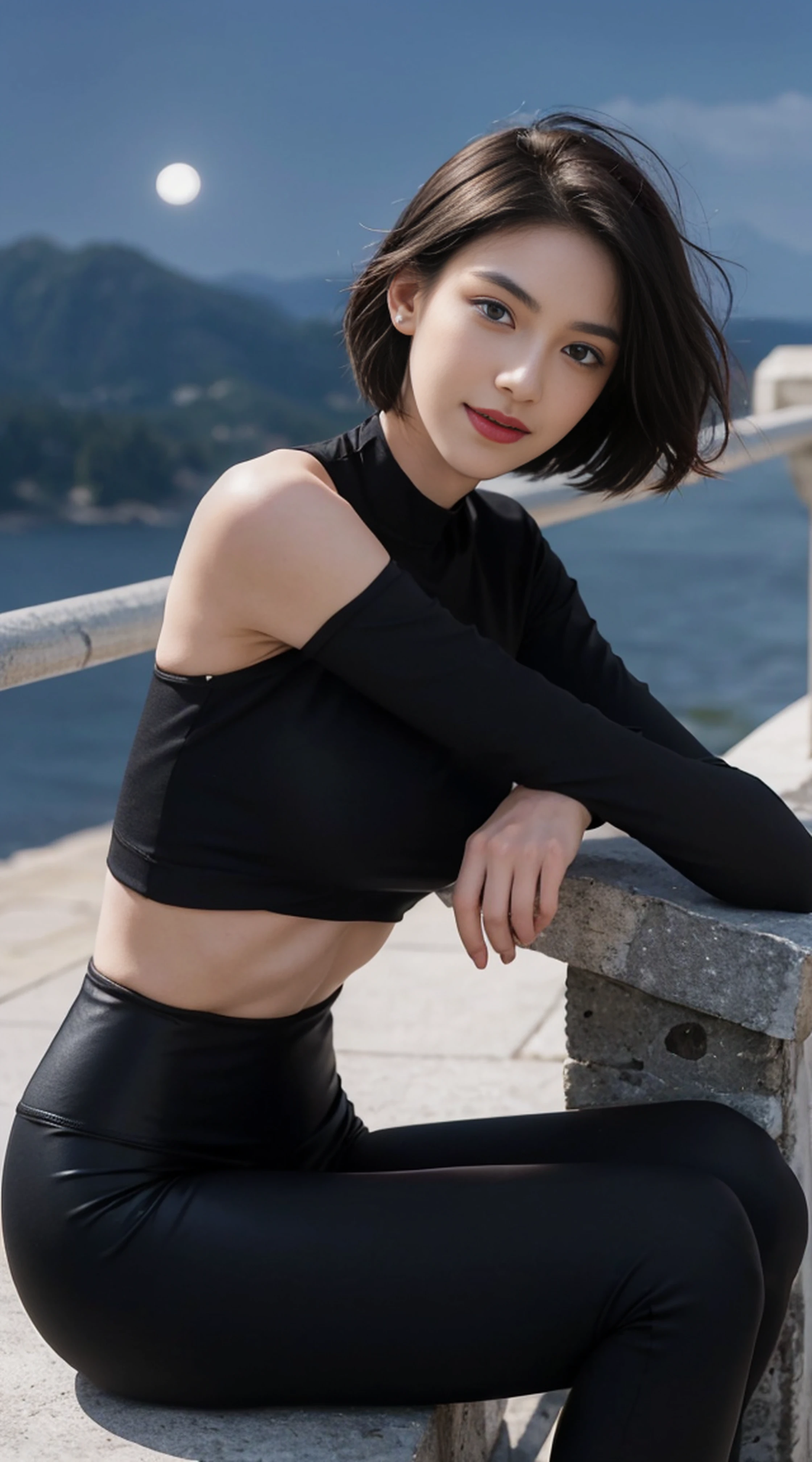8K, Top Quality, Intricate Details, Ultra Detail, Ultra High Resolution, Masterpiece, random angle,  Slender, Smile, (Makeup: 0.4), (Fluffy Blue Eyes: 1.21), blue Eyes,, ((full body)), 1girl, solo, 1 girl, (( full body)),  close-up shot, sitting, on side , , ((tall)), (((fit body))), (((slim face))), sharp face, sharp eyes, (((black hair, short hair, ))  (detailed face), sharp face, small lips, thin lips, 
 (( Leggings )),  detailed face, detailed breast, , large breast, detail, , Beautiful girl with accentuated slender abs: 1.4, Six Pack Abs: 1.4, Bust Botox, Big, Perfect Body, detail leg, (( moonlight)), top of mountain