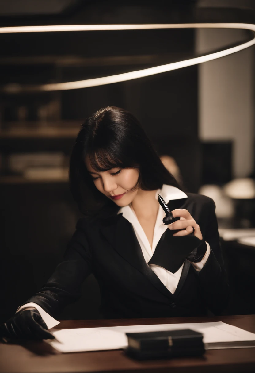 Wearing black leather gloves in both hands, upper body, black business suit, facing the desk in the modern study in the dark, looking down and smiling, writing a letter using a fountain pen, long, straight black hair, young Japanese female new employee (black leather gloves cover both hands)