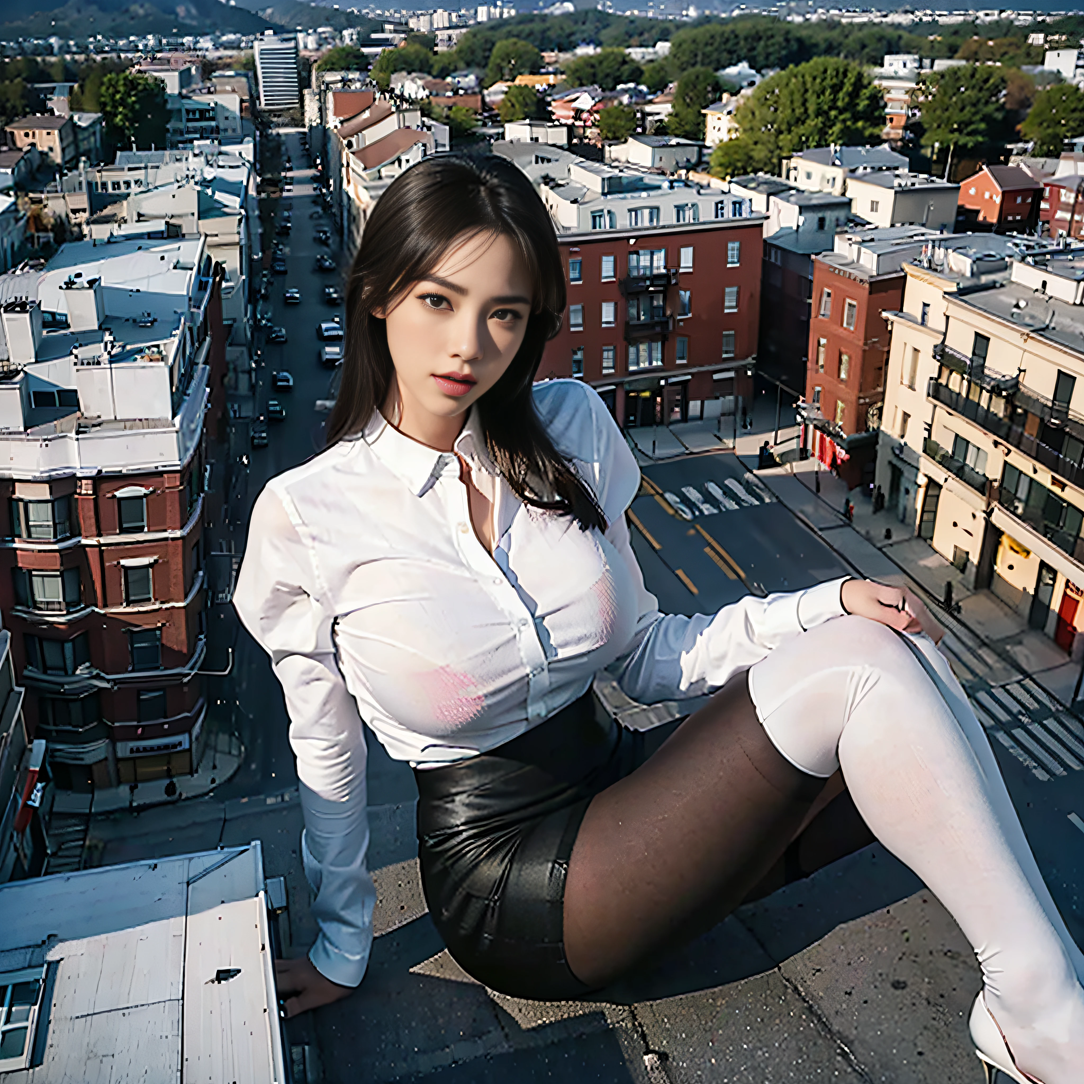 1 tallgts,giantess，Full body photo，BuildingSeat，White tight shirt，Big breasts，pencil skirts，black lence stockings，stiletto，(Long legs:1.2),Extremely tall girl，Above the house，Beautiful looks，Delicatemakeup，Perfect lighting，Cinematic quality，8K,High quality,(GTS:1.5),Aerial View，With tiny，GTSCity