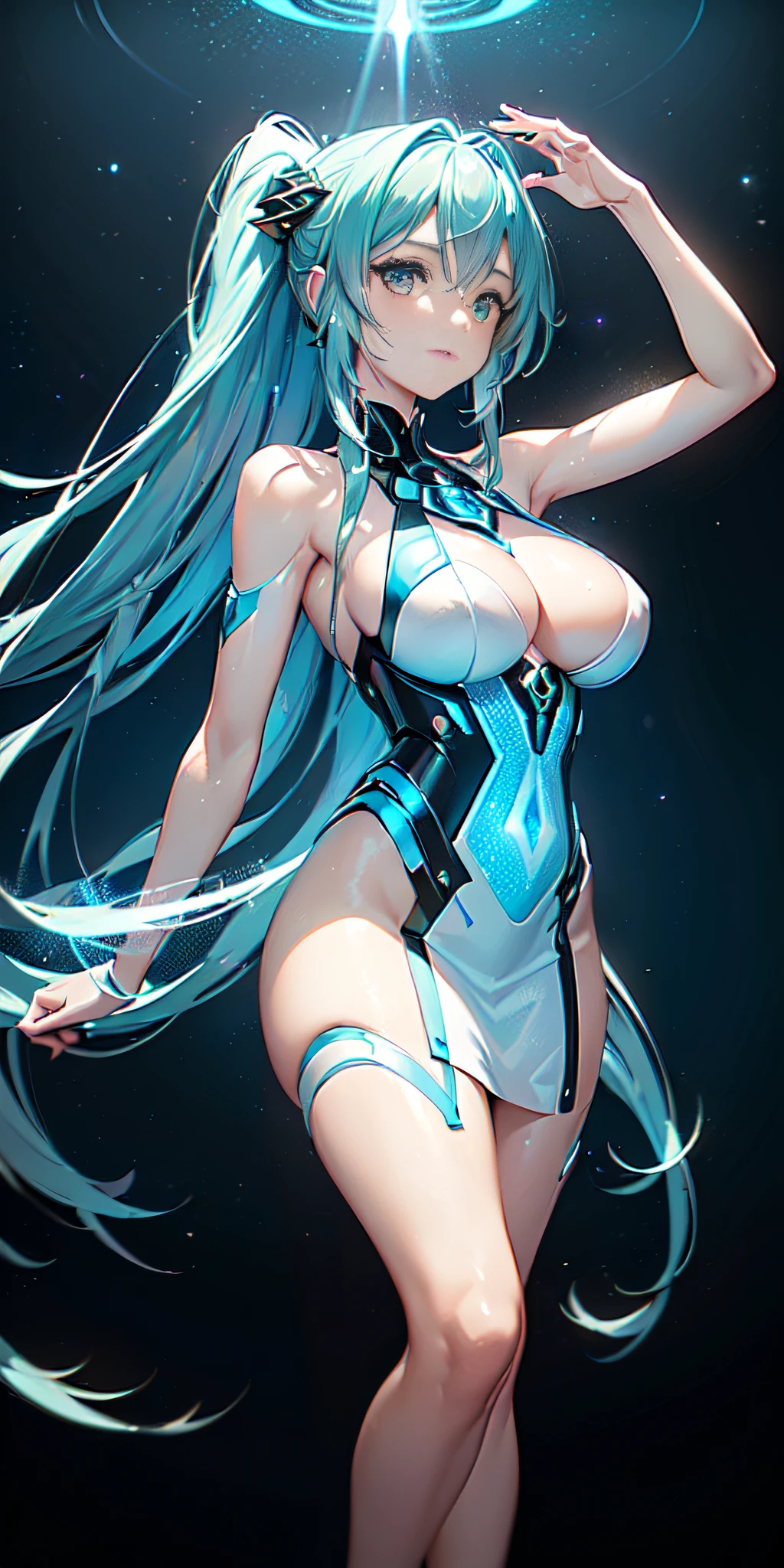 ((A highly detailed and vividly colored digital image of a young ethereally beautiful symmetrical face with long icy blue hair and eyes that reflect the galaxy., wearing an elegant futuristic dress that shines with holographic light reflections, Standing in front of a Elegant, glowing portal that emits fog and glowing particles, it is inside a high-tech laboratory filled with glowing screens and equipment, Rendered in a stunning sci-fi anime art style with cinematic lighting, intricate lines, and an effects structure beautiful atmospheric glow ))