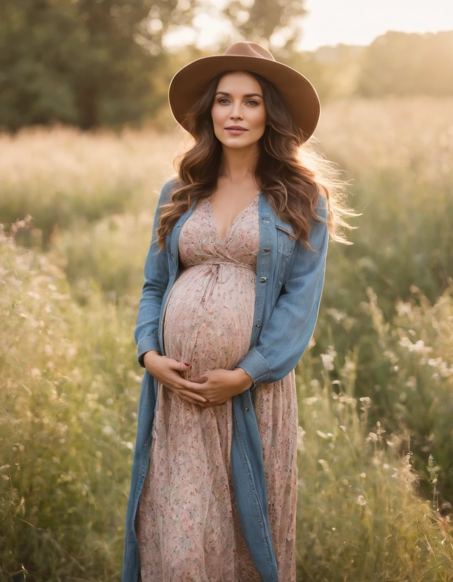 an up close photo of a pregnant woman dressed in bohemian-inspired fashion, wearing a flowy maxi dress with floral prints, layered with a denim jacket and accessorized with a floppy hat and vintage accessories. Her hair is styled in loose waves or natural curls. The setting is a sunlit park or meadow, with long grass and wildflowers,