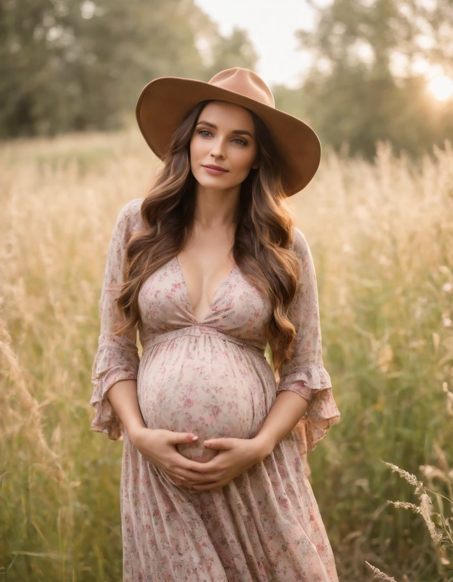 an up close photo of a pregnant woman dressed in bohemian-inspired fashion, wearing a flowy maxi dress with floral prints, layered with a denim jacket and accessorized with a floppy hat and vintage accessories. Her hair is styled in loose waves or natural curls. The setting is a sunlit park or meadow, with long grass and wildflowers,