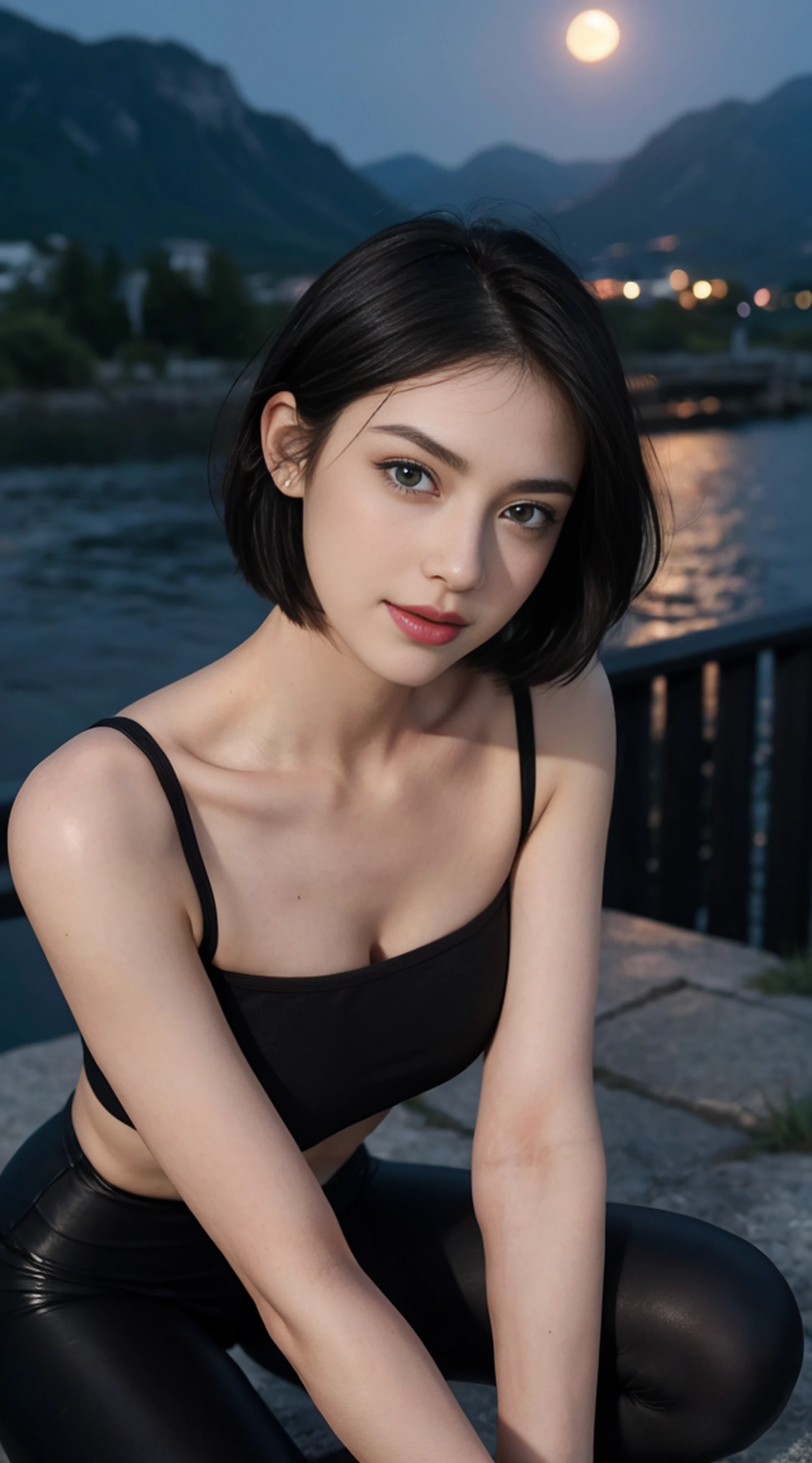 (best quality, masterpiece: 1.1), (Fidelity: 1.4), 1 girl, Upper body, very short hair, mad, , Glossy leather corset, glossy leather bondage, underwear, Seductive pose, ((Look up at the beauty at your feet, super perspective, view from below))), Towering Beauty, Condescending beauty, SFW, Outdoor Outdoor, night, beautiful night view, enchanting body, heavily exposed shots, legs spread, Feet mainly