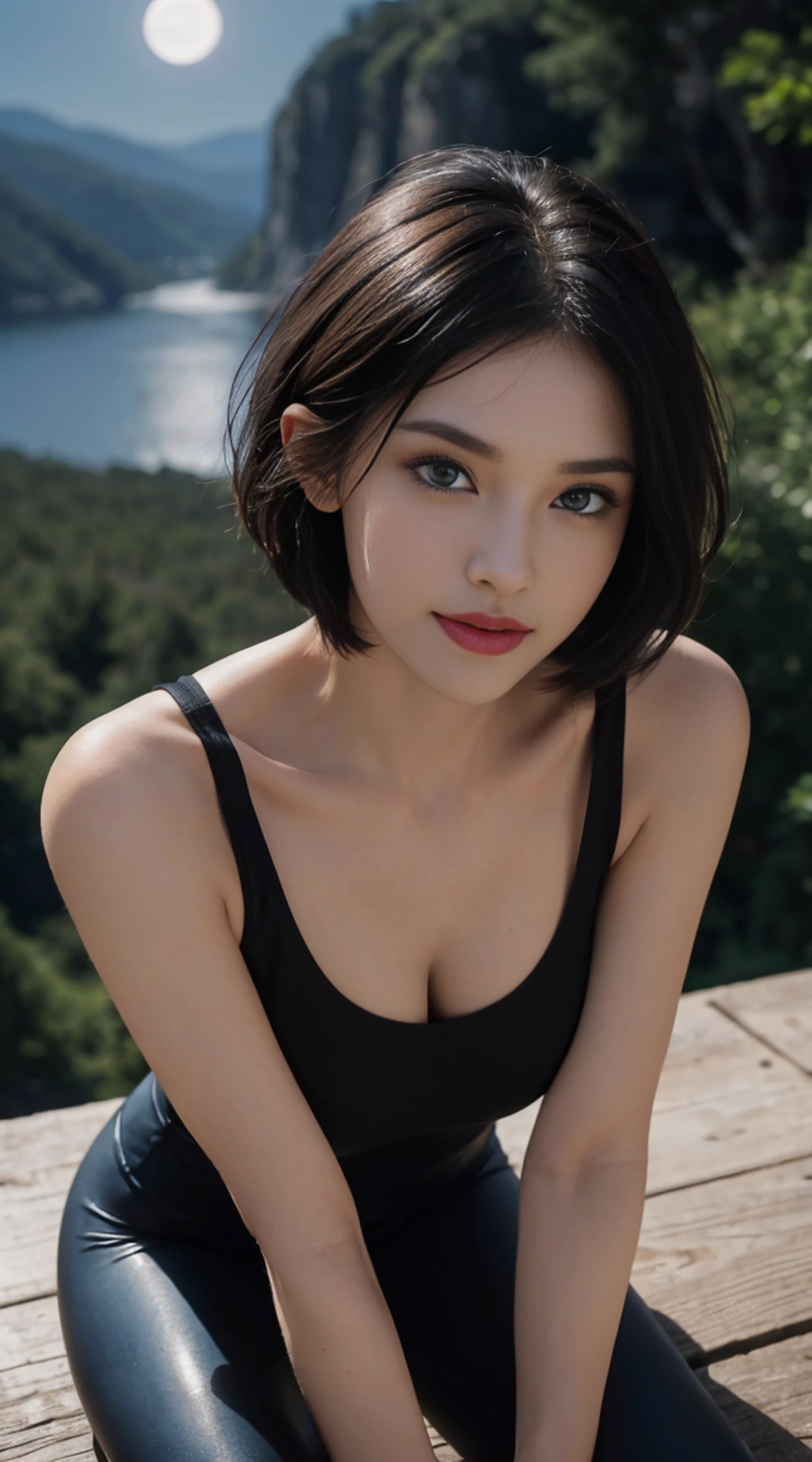 8K, Top Quality, Intricate Details, Ultra Detail, Ultra High Resolution, Masterpiece, random angle,  Slender, Smile, (Makeup: 0.4), (Fluffy Blue Eyes: 1.21), blue Eyes,, ((full body)), 1girl, solo, 1 girl, (( full body)),  close-up shot, kneeling , , ((tall)), (((fit body))), (((slim face))), sharp face, sharp eyes, (((black hair, short hair, ))  (detailed face), sharp face, small lips, thin lips, 
 (( Leggings )),  detailed face, detailed breast, , large breast, detail, , Beautiful girl with accentuated slender abs: 1.4, Six Pack Abs: 1.4, Bust Botox, Big, Perfect Body, detail leg, (( moonlight)), top of mountain