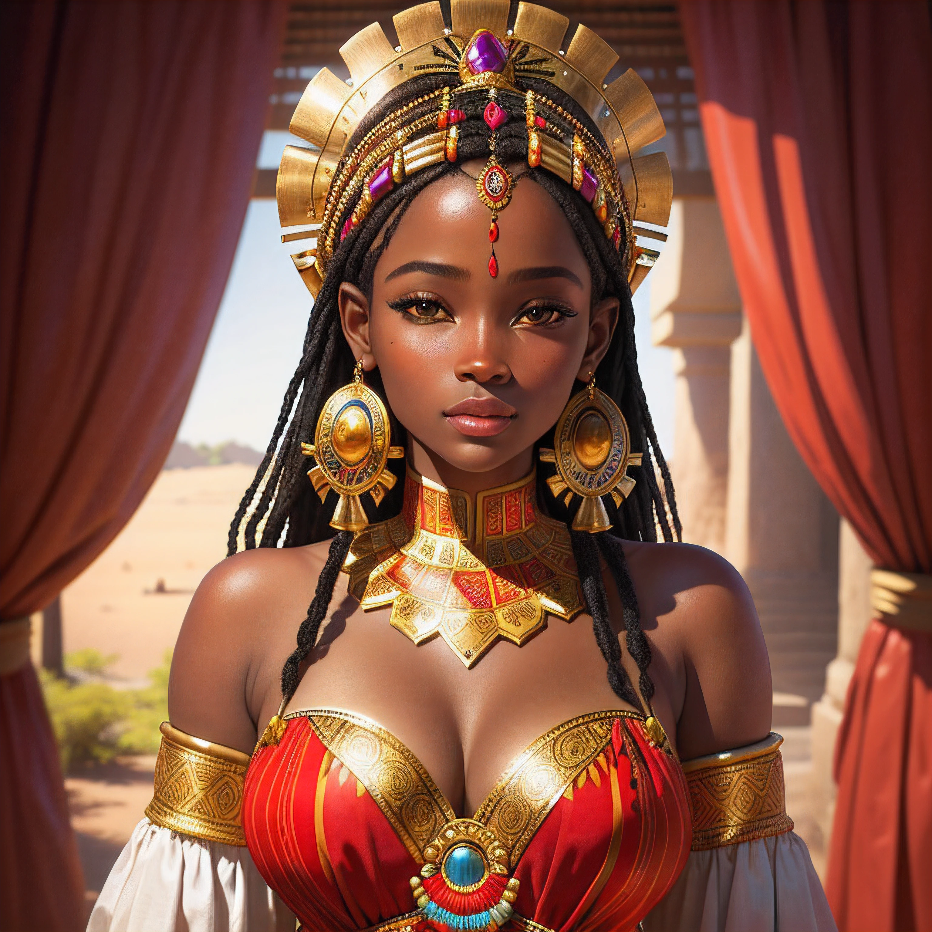 "Produce a realistic visual representation of a beautiful African princess, full of cultural traits and traditional dress."