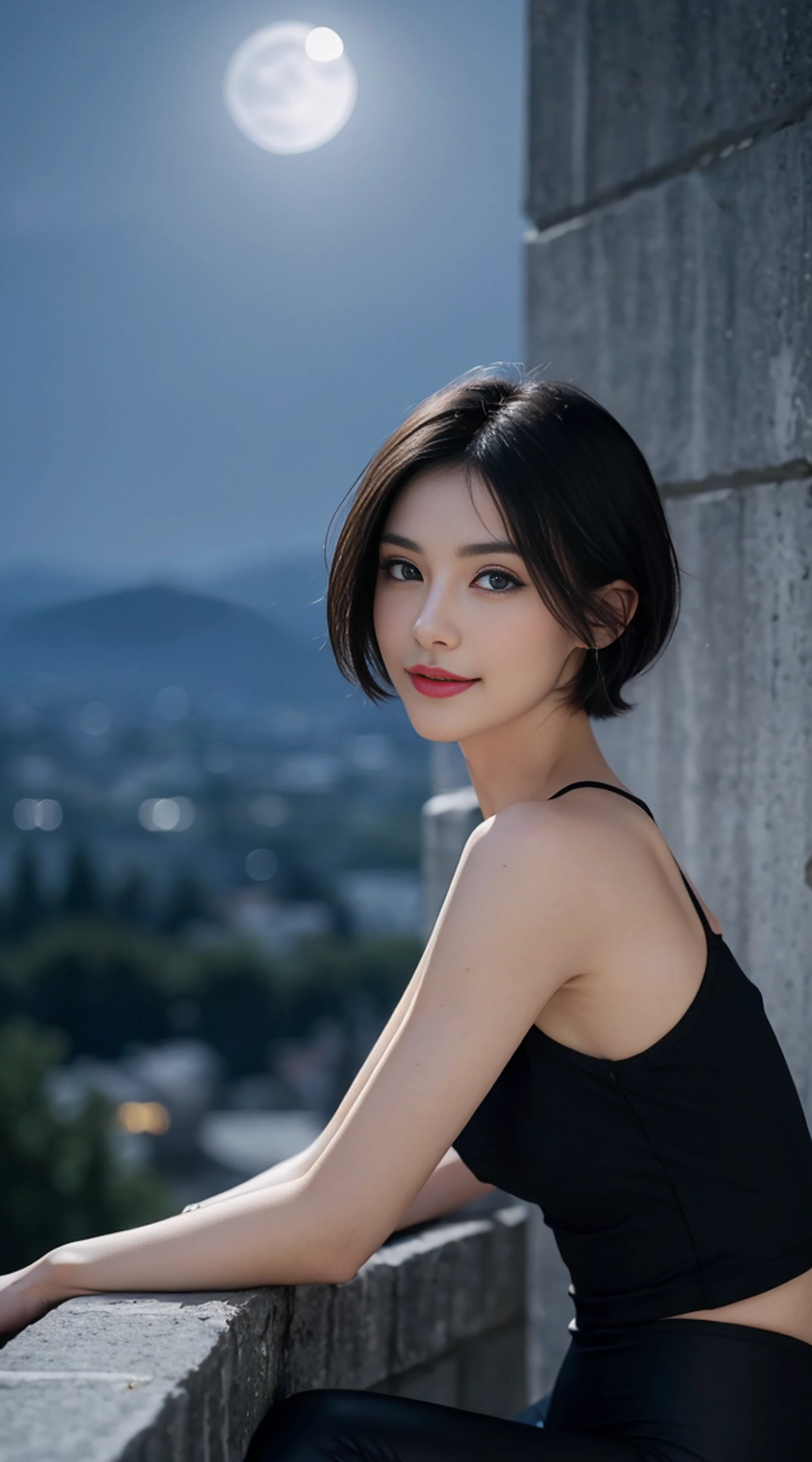 8K, Top Quality, Intricate Details, Ultra Detail, Ultra High Resolution, Masterpiece, random angle, Slender, Smile, (Makeup: 0.4), (Fluffy Blue Eyes: 1.21), blue Eyes,, ((full body)), 1girl, solo, 1 girl, (( full body)), close-up shot, sitting, on side , , ((tall)), (((fit body))), (((slim face))), sharp face, sharp eyes, (((black hair, short hair, )) (detailed face), sharp face, small lips, thin lips,
(( Leggings )), detailed face, detailed breast, , large breast, detail, , Beautiful girl with accentuated slender abs: 1.4, Six Pack Abs: 1.4, Bust Botox, Big, Perfect Body, detail leg, (( moonlight)), top of mountain