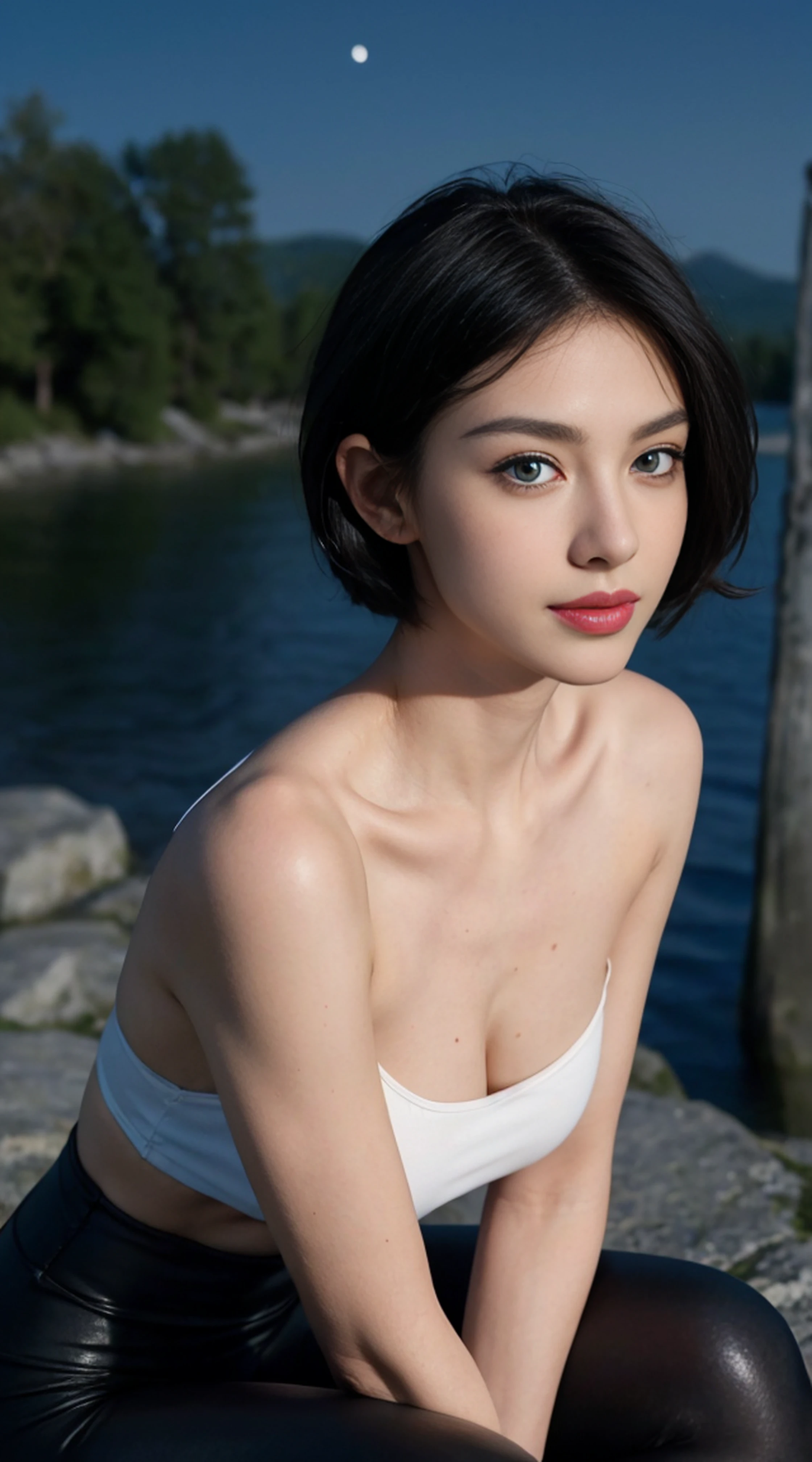 8K, Top Quality, Intricate Details, Ultra Detail, Ultra High Resolution, Masterpiece, random angle, Slender, Smile, (Makeup: 0.4), (Fluffy Blue Eyes: 1.21), blue Eyes,, ((full body)), 1girl, solo, 1 girl, (( full body)), close-up shot, sitting, on side , , ((tall)), (((fit body))), (((slim face))), sharp face, sharp eyes, (((black hair, short hair, wavy hair , )) (detailed face), sharp face, small lips, thin lips,
(( crop top )), detailed face, detailed breast, , large breast, detail, , Beautiful girl with accentuated slender abs: 1.4, Six Pack Abs: 1.4, Bust Botox, Big, Perfect Body, detail leg, (( moonlight)), top of mountain