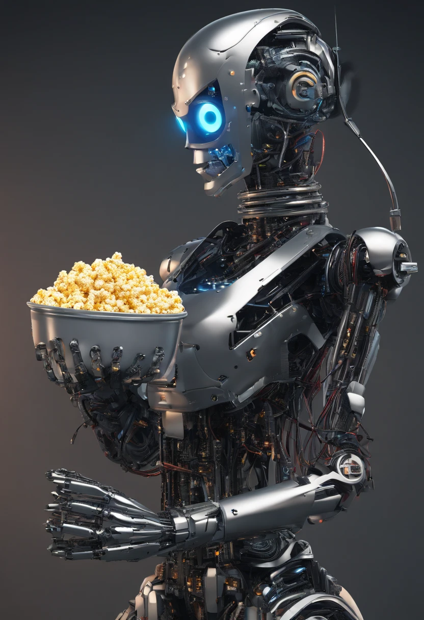 a terminater with a girl having popcorn and wearing hat