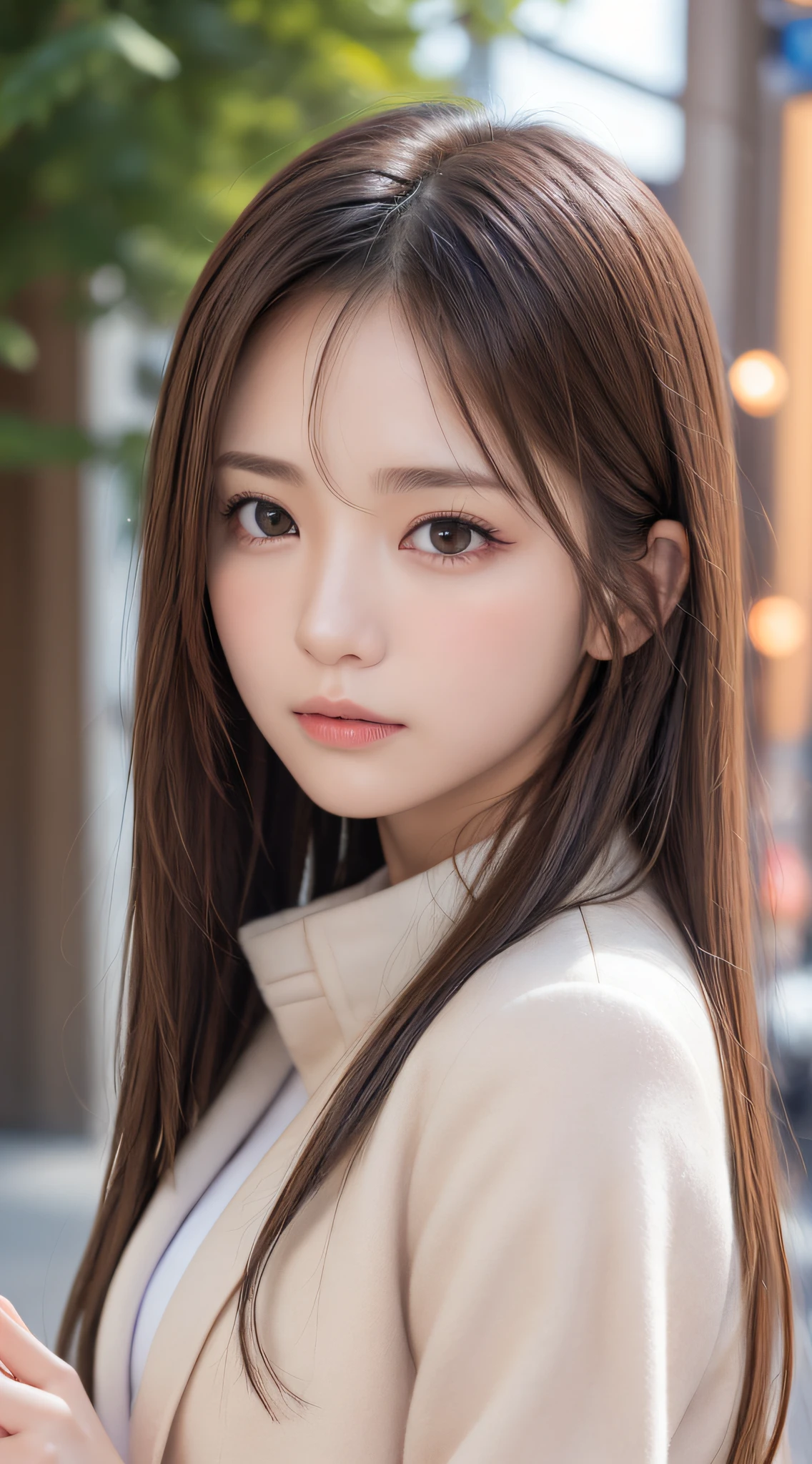 1womanl, (up of face:1.5), light brown hair, Blunt bangs, hair behind ear, hair over shoulder, Long hair, Ultra Fine Face, Thin face, Delicate lips, (beautidful eyes:1.5), thin blush, eyes are light brown,View here, Ultra-thin hands, Ultra-fine fingers, best ratio four finger and one thumb, white longcoat, muffler ,Port Area ,One-person viewpoint,  8K, masutepiece, nffsw, Super Detail, High quality, Best Quality, hight resolution,