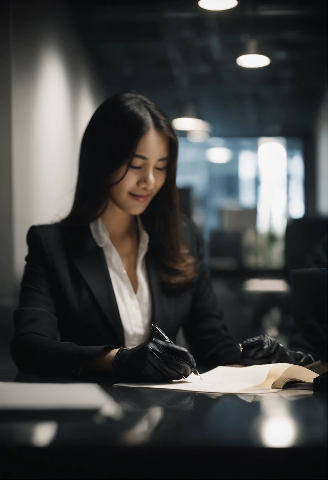 Wearing black leather gloves in both hands, upper body, black business suit, facing the desk in the modern study in the dark, looking down and smiling, writing a letter using a fountain pen, long, straight black hair, young Japanese female new employee (black leather gloves cover both hands)