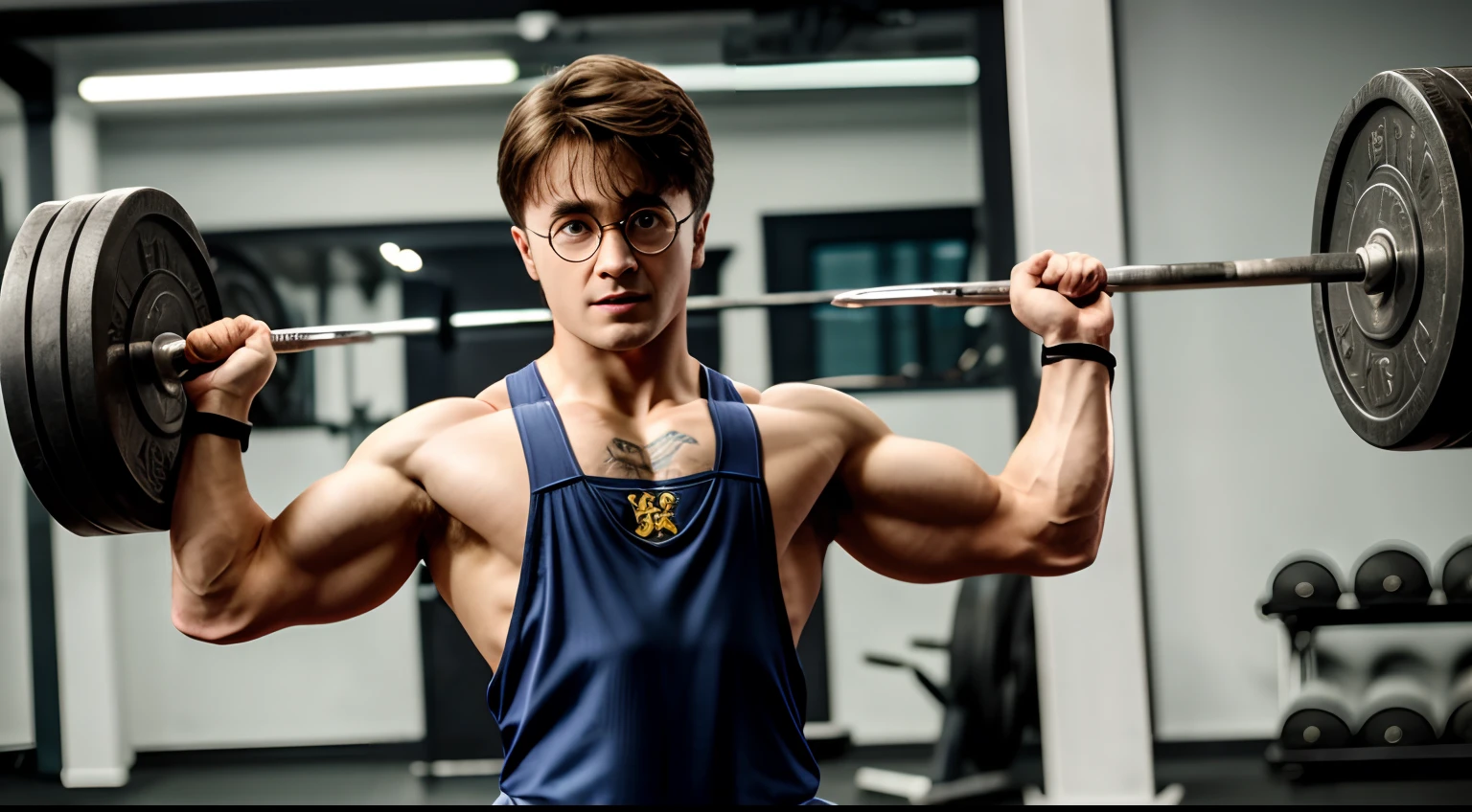 Harry Potter、adolescence、Harry Potter、scar on forehead、short-haired、suspenders、sports wear、very muscular body、gym、Raise a very heavy barbell