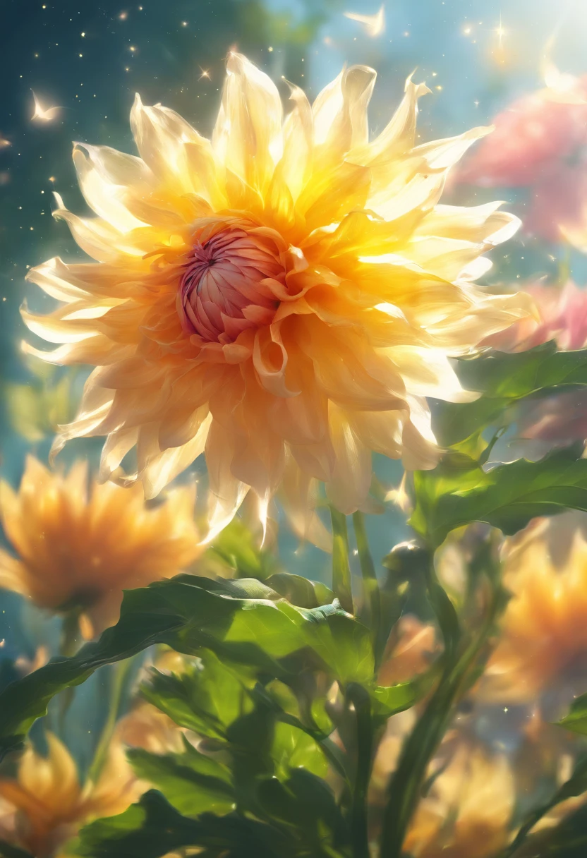 There are yellow flowers with stars in the background, a glowing delicate flower, Giant Dahlia Flower Head, Luminous flowers, Close-up of giant dahlia flower head, photorealistic detailed picture, Beautiful flowers, Drawing flowers, Yellow glowing magic, Rendered illustration, photorealistic highly detailed, Photorealistic Illustration, Highly detailed photorealistic, more detailed illustration, Beautiful glowing backlight, Light Bloom Sunlight, Hyperrealism, cinematic lighting, chiaroscuro, UHD, UHD, masterpiece, anatomically correct, super detail, high quality, award winning, best quality, highres, highres, 1080P, HD, 4K, 8k, 16k