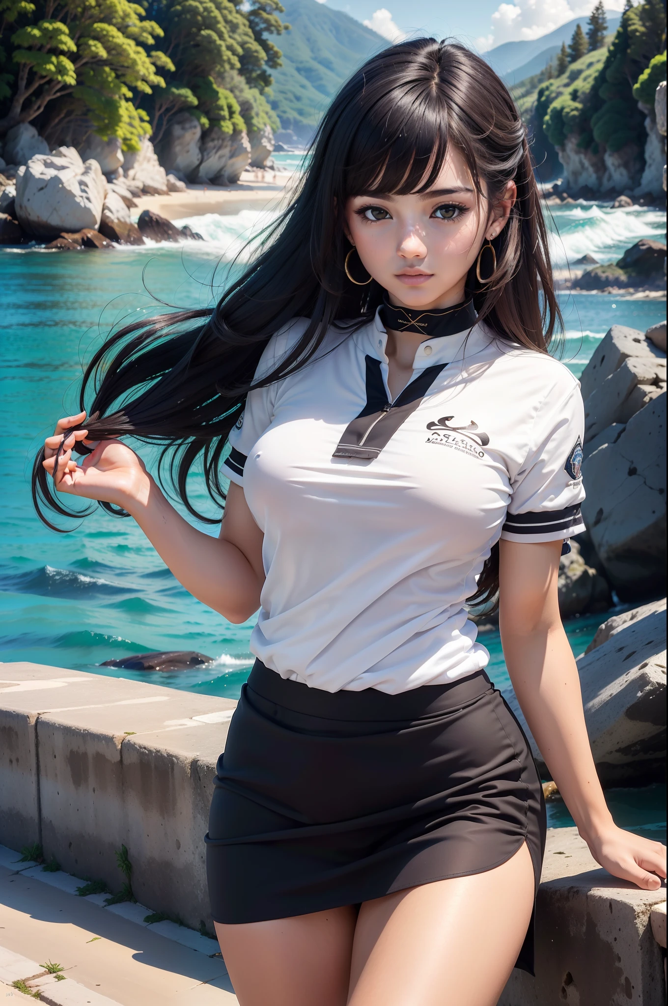 (best quality, 8k, 32k, master part, UHD:1.2), (Foto RAW), (Realistic), (foto realista:1.2), (high resolution), tamanho de arquivo enorme, ultra-detalhado, rosto extremamente bonito & olho, 1girl, oriental , cabelo comprido , delicate strokes , cintura fina, middlebreasts , thick proportions , (Uniforme escolar, Marinheiro , Terno de Marinheiro, saia plissada xadrez :1.23), (de baixo, linda :1.13), Telhado da cidade ao amanhecer, Rua florida , flores caindo ao vento ,