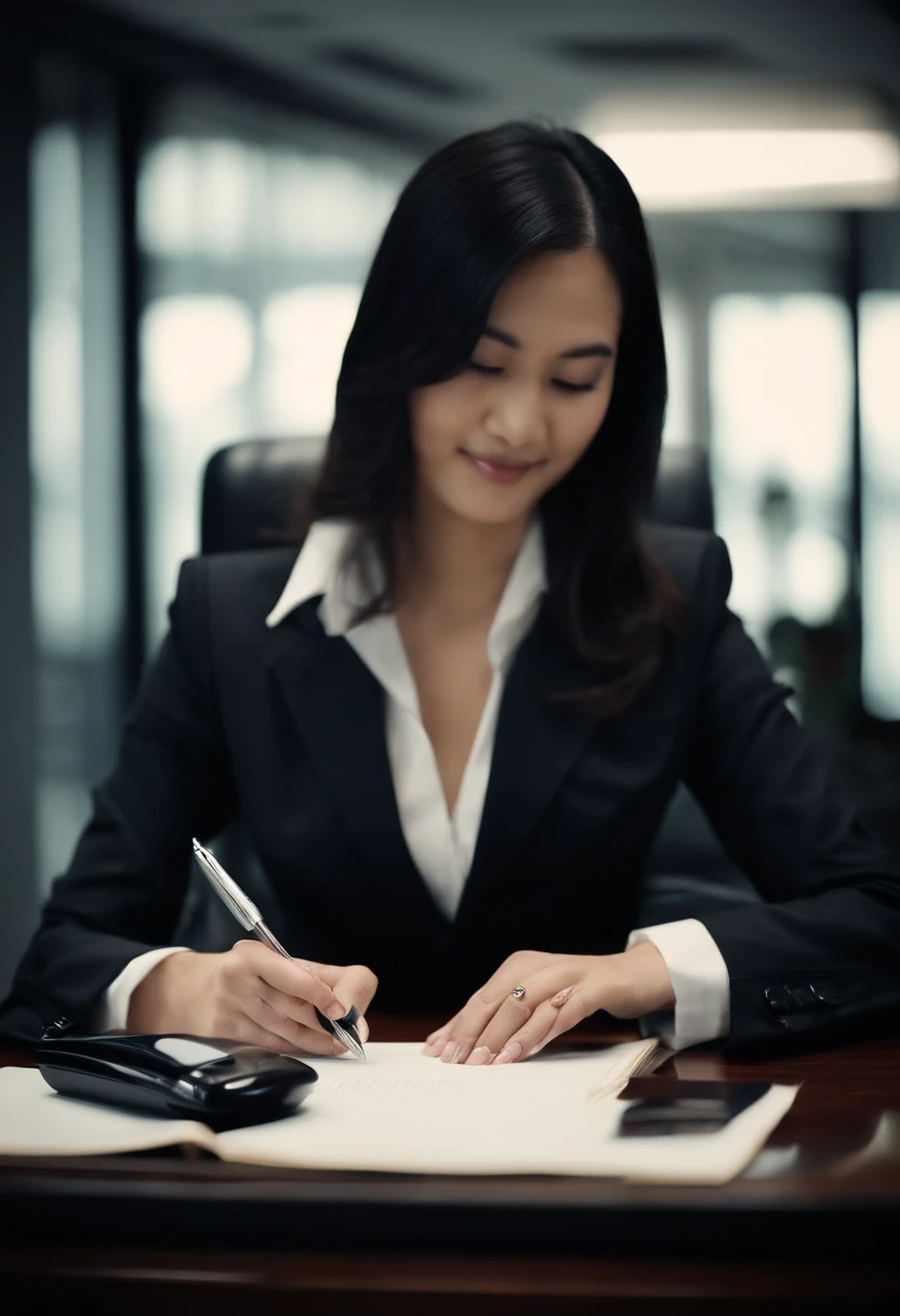 Wearing black leather gloves in both hands, upper body, black business suit, facing the desk in the modern study in the dark, looking down and smiling, writing a letter using a fountain pen, long, straight black hair, young Japanese female new employee (black leather gloves cover both hands)