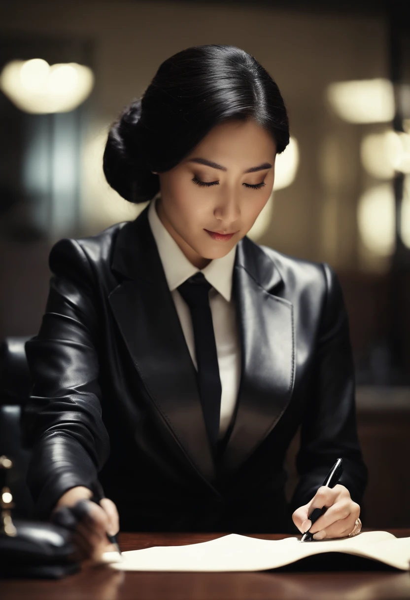 Wearing black leather gloves in both hands, upper body, black business suit, facing the desk in the modern study in the dark, looking down and smiling, writing a letter using a fountain pen, long, straight black hair, young Japanese female new employee (black leather gloves cover both hands)