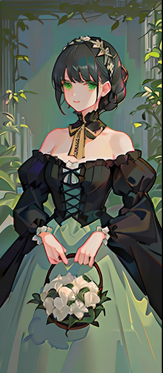 (best quality, 4k),1girl,Short black hair with bangs, green eyes,In the Victorian era